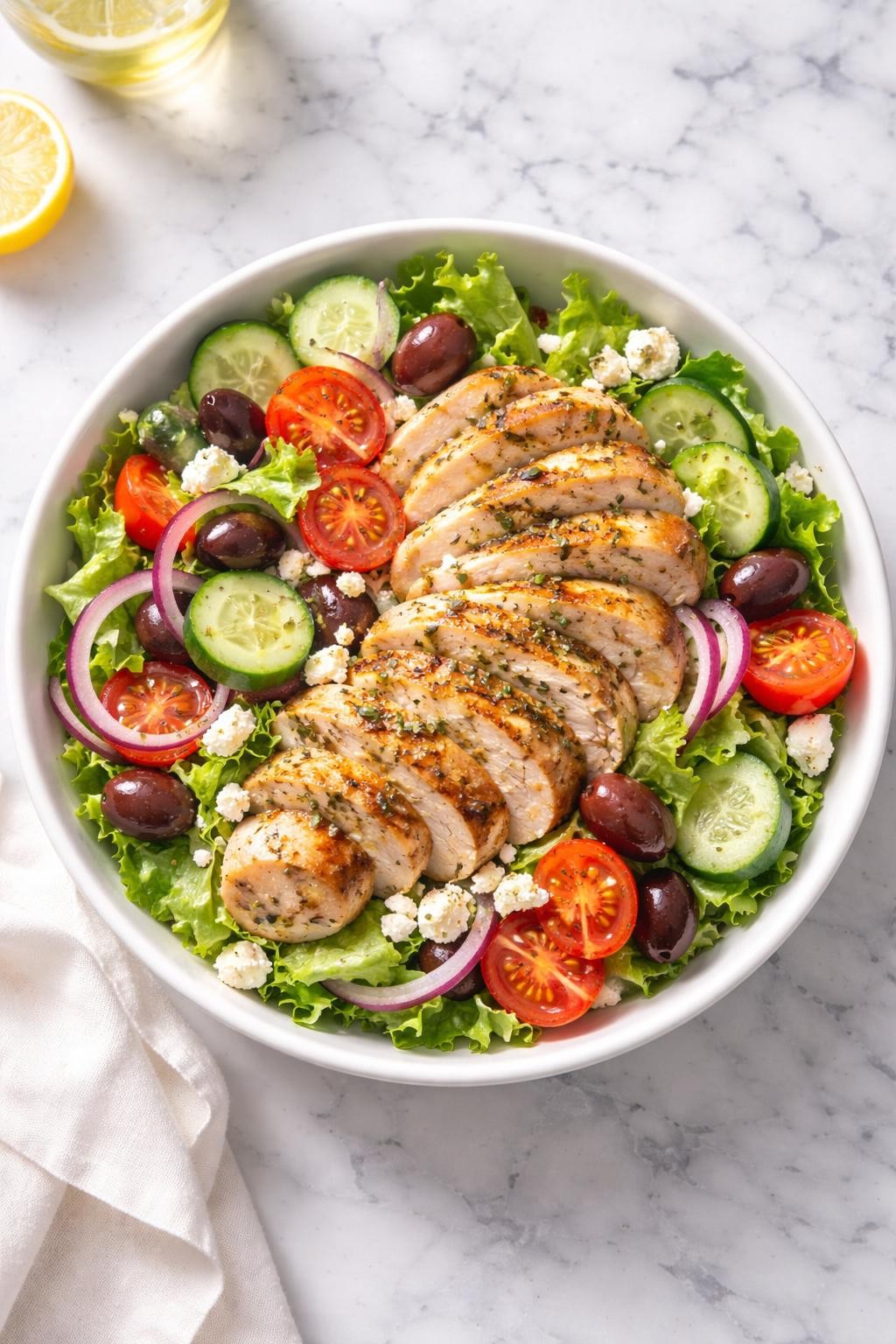 Image Prompt: Realistic top-down editorial food photography of a Greek grilled chicken salad in a white bowl on a white and gray marble countertop, sliced grilled chicken with cucumber, tomatoes, red onion, kalamata olives, romaine, and crumbled feta, light lemon olive oil dressing, bright natural light, soft shadows, clean editorial styling, fresh easy dinner mood, no people, no hands, no text, no watermarks, no props with writing.