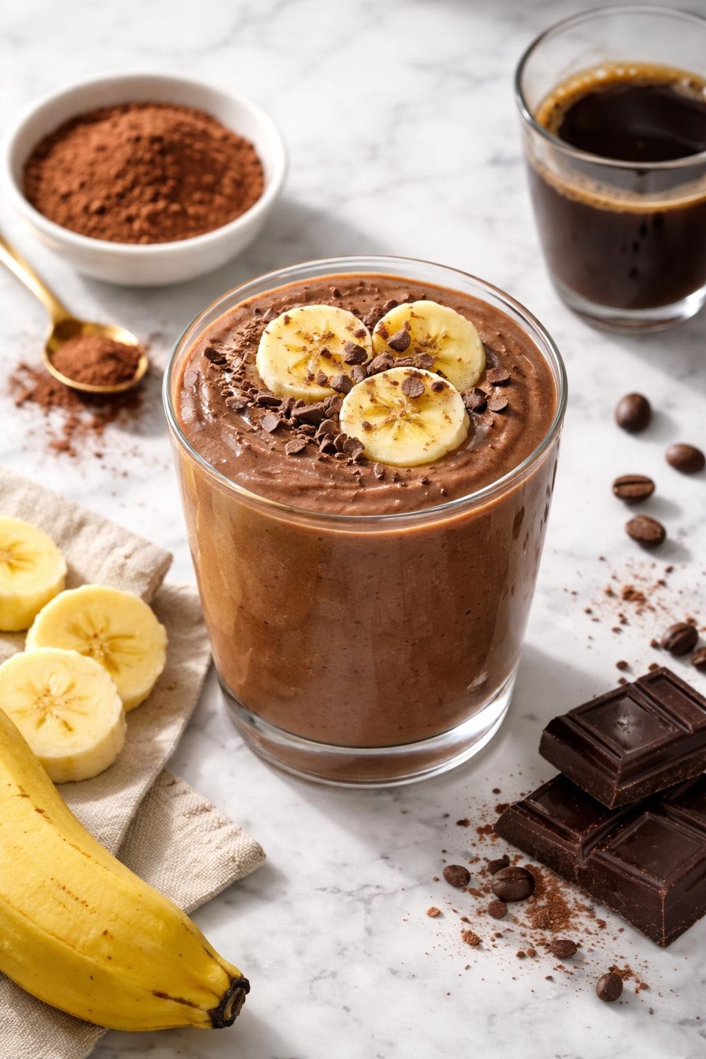 Realistic top-down editorial food photography of a chocolate coffee banana smoothie served in a clear glass on a white and gray marble countertop. The smoothie is deep chocolate coffee brown, thick, creamy, and smooth, styled with cocoa powder in a plain bowl, banana slices, cold coffee, and a few dark chocolate pieces nearby. Bright natural window lighting, clean mocha smoothie styling, realistic thick texture, high detail, no people, no hands, no text, no watermarks.