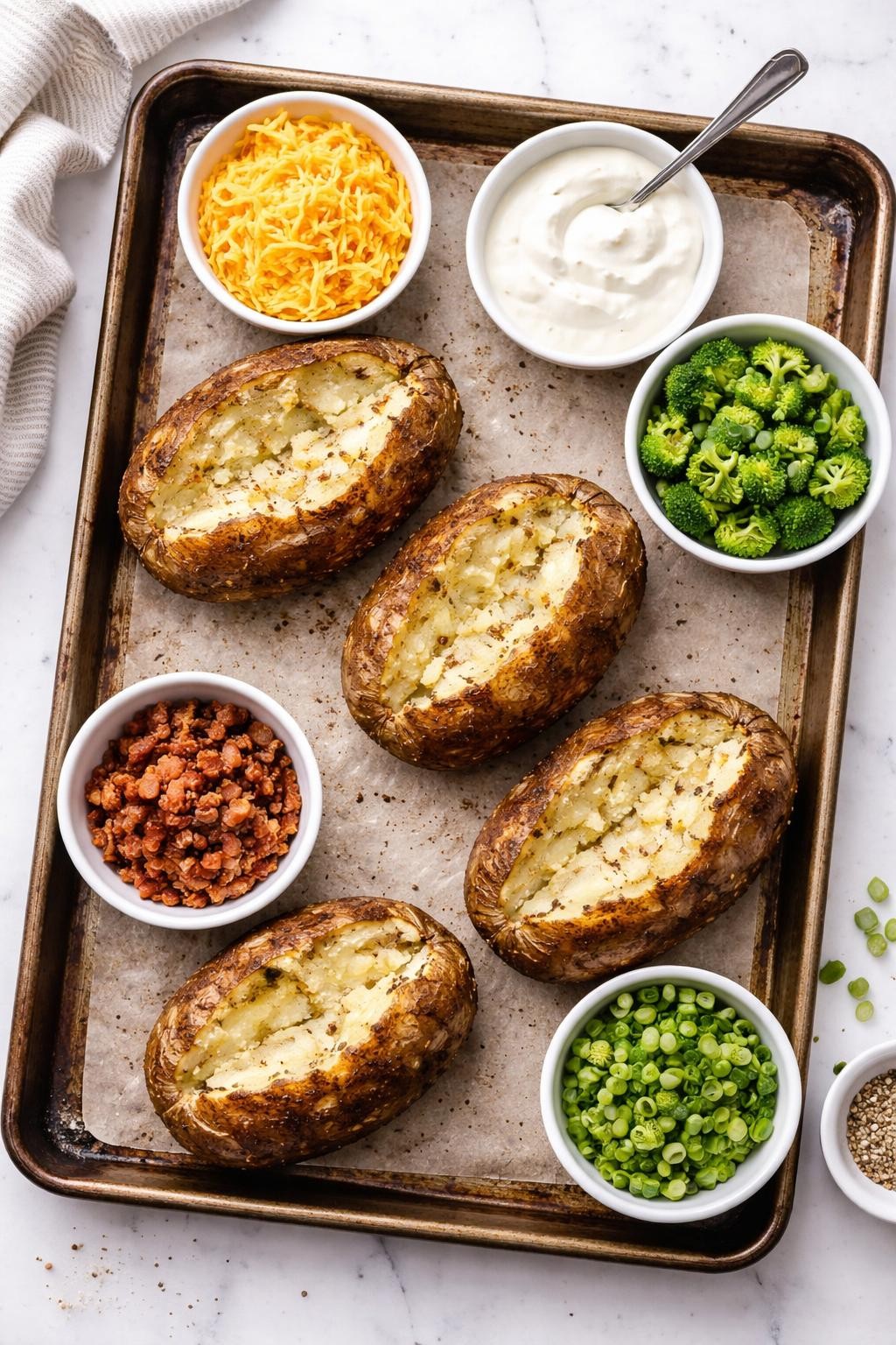 "Overhead realistic photo of a large baking sheet with four baked potatoes, each split open and fluffy inside. Small bowls of toppings around it: shredded cheese, sour cream, chopped broccoli, crumbled bacon bits, and green onions. Bright kitchen light, interactive and cheap family dinner, no people, no hands, no text, no watermarks."