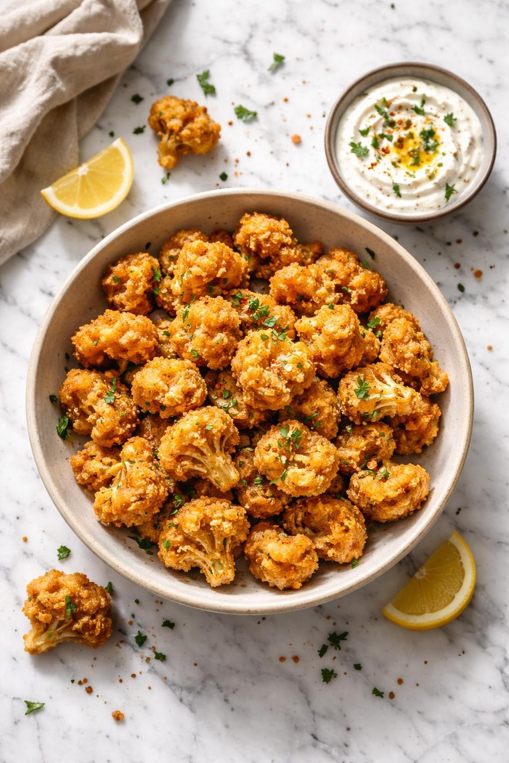 Image Prompt: Top-down realistic food photography of crispy vegan fried cauliflower bites on a white marble countertop, golden battered cauliflower pieces in a shallow bowl with a creamy dipping sauce on the side, crunchy homemade snack styling, soft daylight, clean editorial composition, high detail, realistic texture, no people, no hands, no text, no watermarks, no props with writing.