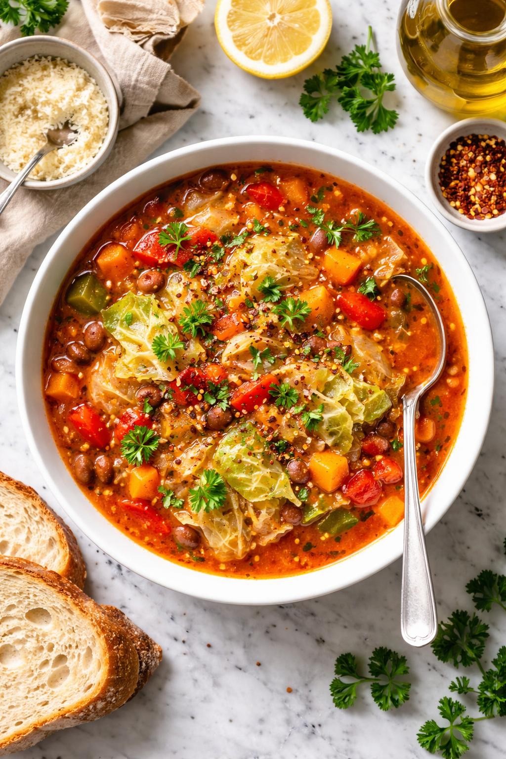 An overheard picture view of a plate of Hearty Cabbage and Bell Pepper Soup sitting on a marble countertop table in the kitchen, professional food photography style.