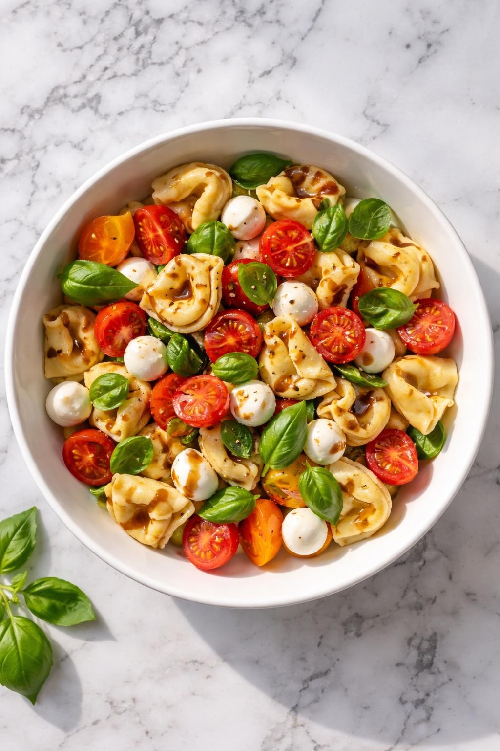 Image Prompt: Realistic top-down editorial food photography of tortellini caprese pasta salad in a simple white bowl on a white and gray marble countertop, cheese tortellini mixed with cherry tomatoes, mozzarella pearls, basil leaves, and balsamic glaze, bright fresh homemade styling, natural daylight, soft shadows, no people, no hands, no text, no watermarks, no props with writing.