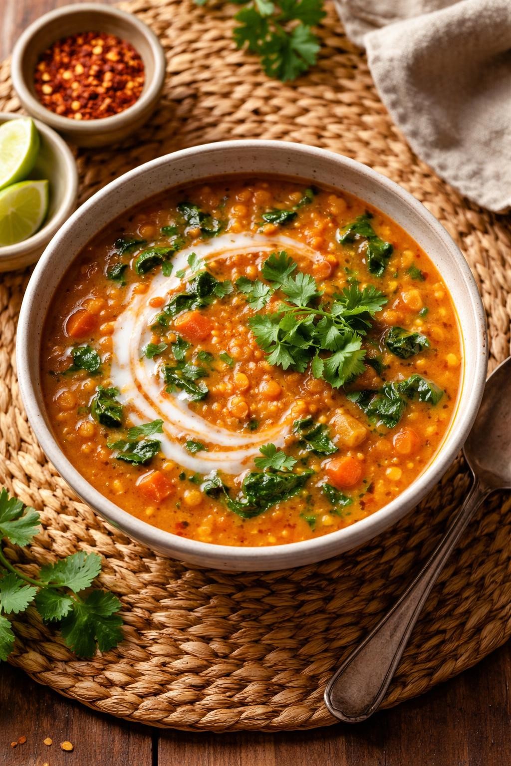 "Realistic top-down food photography of a bowl of coconut curry lentil soup on a woven placemat. The soup is orange-red and creamy, with red lentils, spinach, and small chunks of carrot. A swirl of coconut milk on top and fresh cilantro leaves. A spoon resting on the side. Warm golden light, cozy and vegan lunch prep, no people, no hands, no text, no watermarks."
