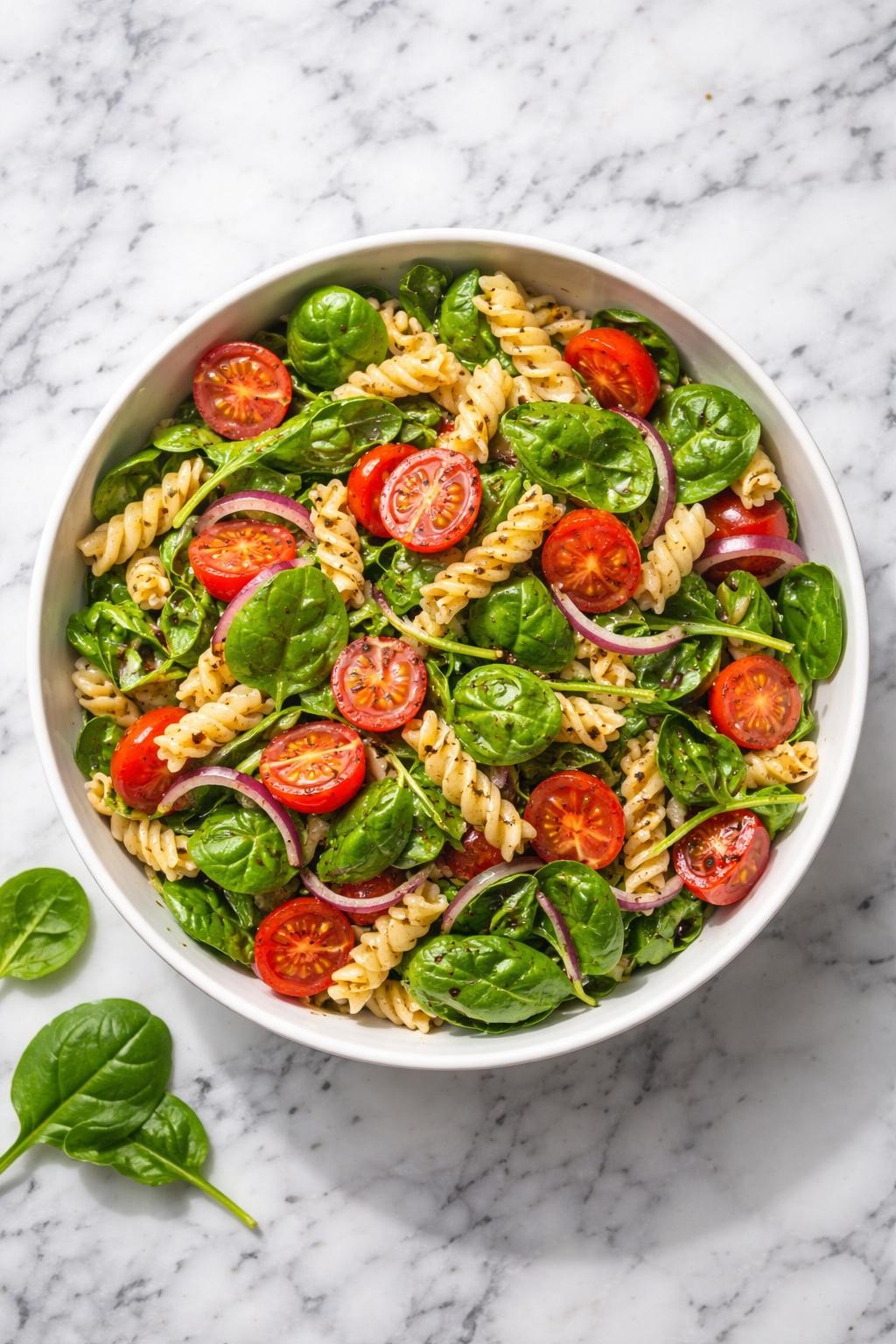 Image Prompt: Top-down realistic editorial food photography of a homemade vegan spinach tomato pasta salad on a clean white and gray marble countertop, pasta tossed with fresh spinach, cherry tomatoes, red onion, and light balsamic dressing in a simple bowl, bright fresh homemade mood, natural window lighting, soft shadows, high detail, no people, no hands, no text, no watermarks, no props with writing.