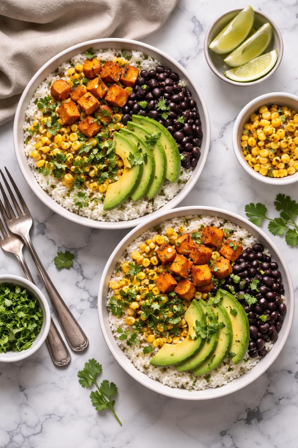 Image Prompt: Top-down realistic food photography of sweet potato black bean rice bowls on a white and gray marble countertop, fluffy rice topped with roasted sweet potato cubes, black beans, avocado slices, corn, and fresh cilantro, colorful homemade vegan dinner styling, soft natural daylight, clean editorial composition, high detail, realistic texture, no people, no hands, no text, no watermarks, no props with writing.