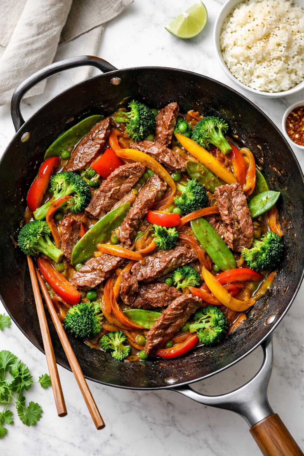 "Overhead realistic photo of a large wok filled with sliced flank steak, bell pepper strips, snow peas, broccoli florets, and carrot ribbons, all coated in a glossy brown stir-fry sauce. A bowl of steamed jasmine rice next to it. Bright kitchen light, quick and savory weeknight prep, no people, no hands, no text, no watermarks."