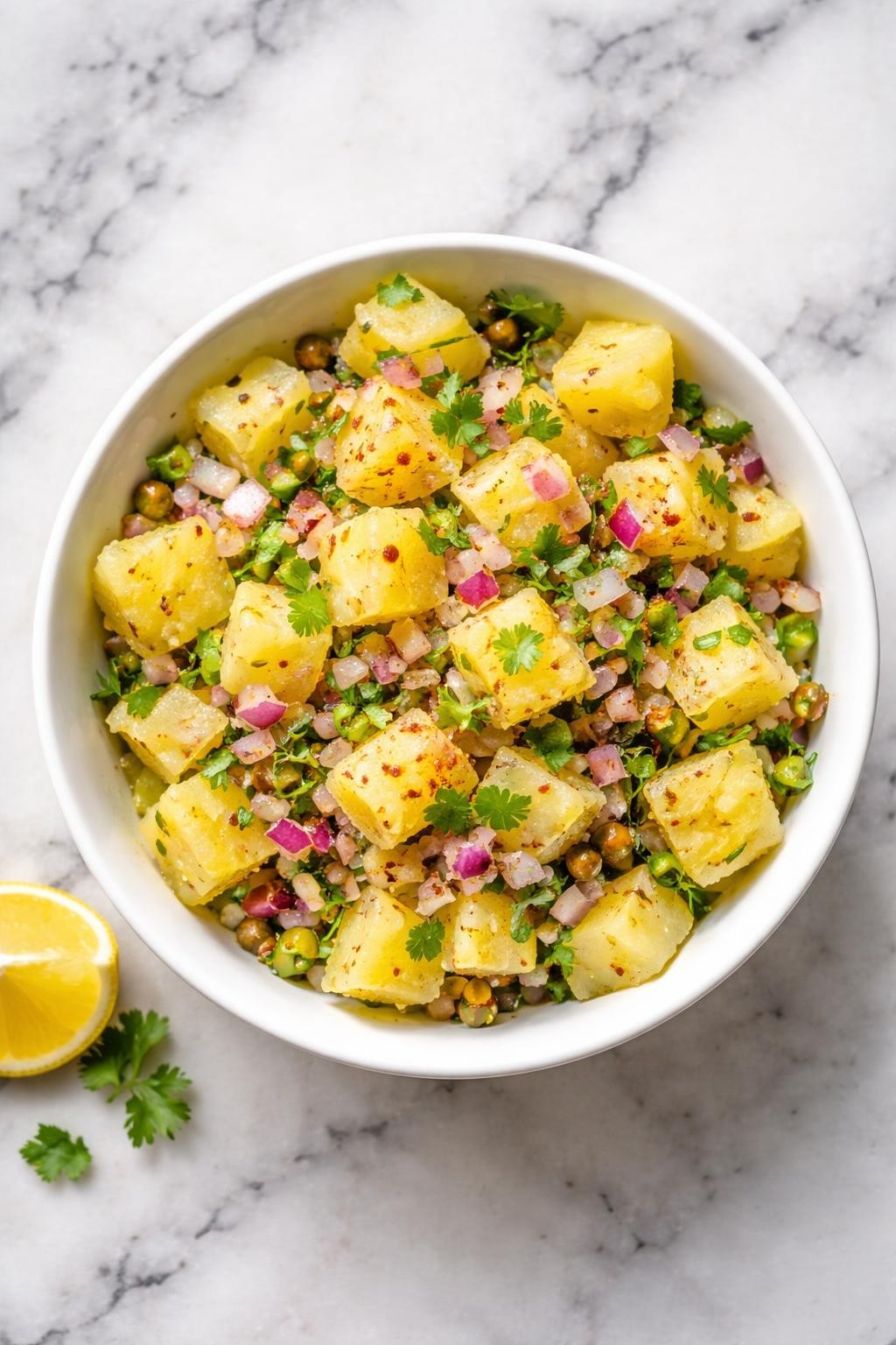 Image Prompt: Top-down realistic editorial food photography of potato onion Indian salad in a white bowl on a clean white and gray marble countertop, boiled potato cubes mixed with red onion, cilantro, green chili, lemon juice, and spices, simple homemade Indian salad styling, bright natural light, soft shadows, high detail, no people, no hands, no text, no watermarks, no props with writing.