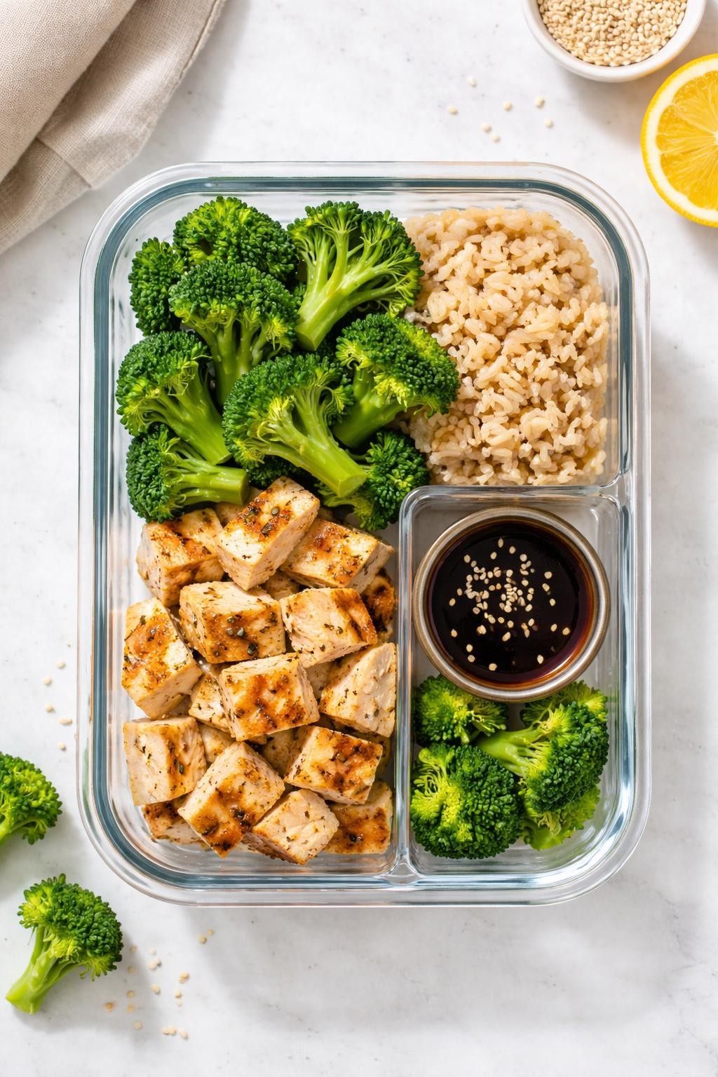 "Realistic top-down food photography of a meal prep container with three compartments on a white countertop. The largest compartment holds diced grilled chicken breast and steamed broccoli florets. A smaller compartment has a scoop of cooked brown rice. The third compartment has a small container of teriyaki sauce. Bright natural light, clean and balanced lunch prep, no people, no hands, no text, no watermarks."