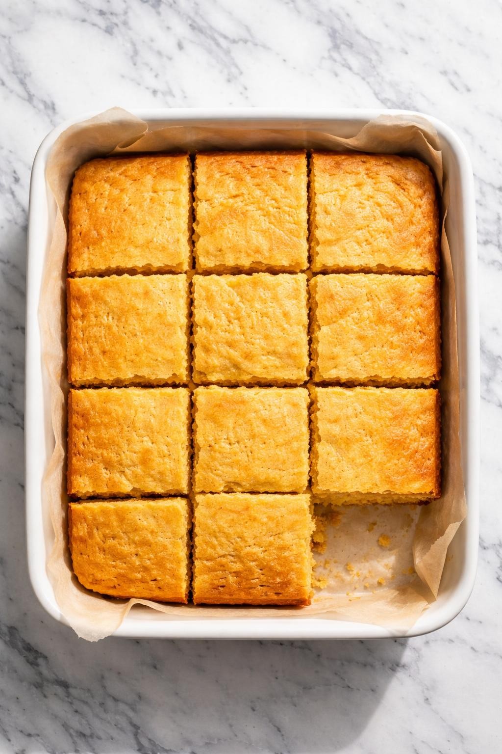 Image Prompt: Top-down realistic food photography of vegan cornbread cut into squares in a simple baking dish on a clean white and gray marble countertop, golden cornbread with a soft crumb and lightly crisp edges, warm natural daylight, classic homemade soul food side mood, no people, no hands, no text, no watermarks, no props with writing.