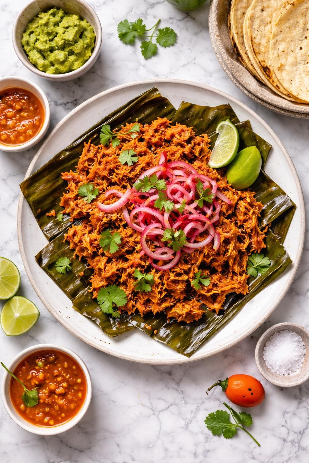 An overheard picture view of a plate of Cochinita Pibil sitting on a marble countertop table in the kitchen, professional food photography style.