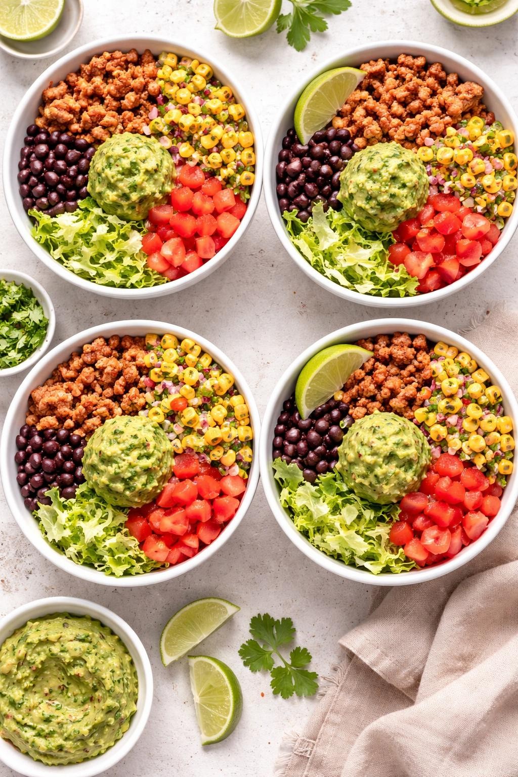 "Overhead realistic photo of four identical meal prep bowls, each containing seasoned ground turkey, black beans, corn salsa, shredded lettuce, diced tomatoes, and a scoop of guacamole. A lime wedge in each bowl. Bright natural light, colorful and satisfying Tex-Mex prep, no people, no hands, no text, no watermarks."