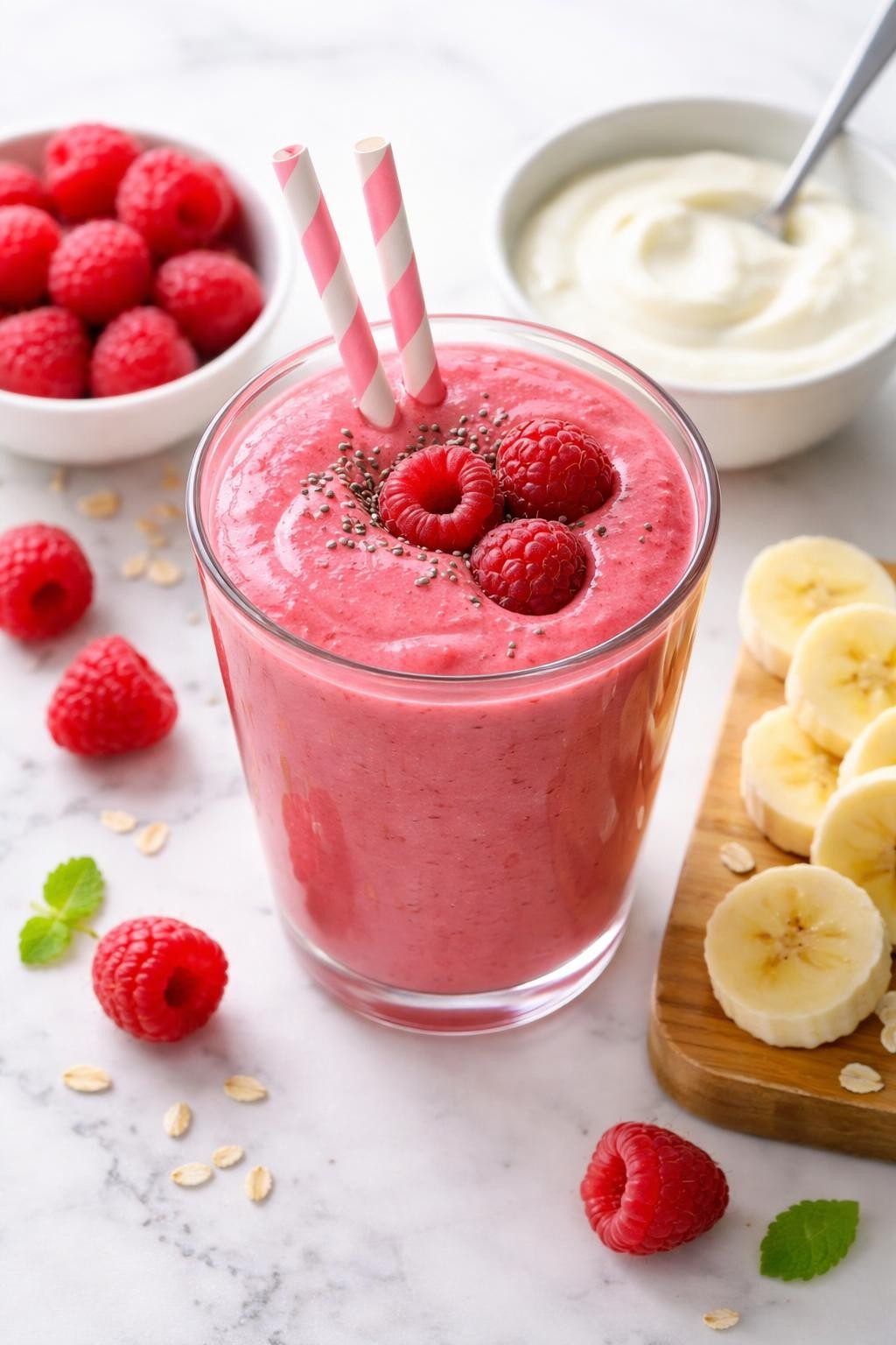 Realistic top-down food photography of a 3-ingredient raspberry yogurt smoothie in a clear glass on a white marble countertop. The smoothie is bright pink-red, creamy, thick, and smooth, styled with raspberries, plain yogurt in a small bowl, and banana slices nearby. Bright natural daylight, clean fruity snack styling, high detail, realistic smoothie texture, no people, no hands, no text, no watermarks, no props with writing.