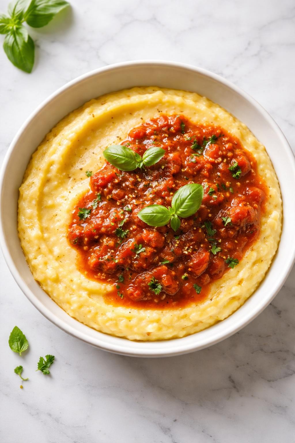 Image Prompt: Realistic top-down editorial food photography of creamy vegan polenta topped with rich tomato sauce in a shallow white bowl on a clean marble countertop, smooth golden polenta with rustic Italian tomato sauce and herbs, bright natural window light, cozy homemade meal styling, no people, no hands, no text, no watermarks, no props with writing.