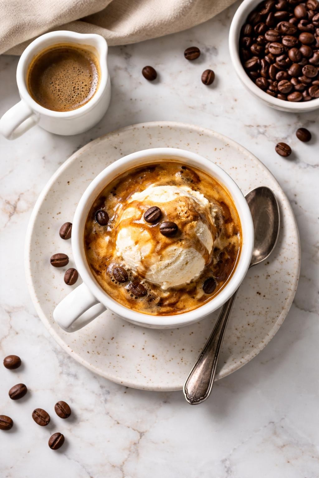 An overheard picture view of a plate of Affogato sitting on a marble countertop table in the kitchen, professional food photography style.