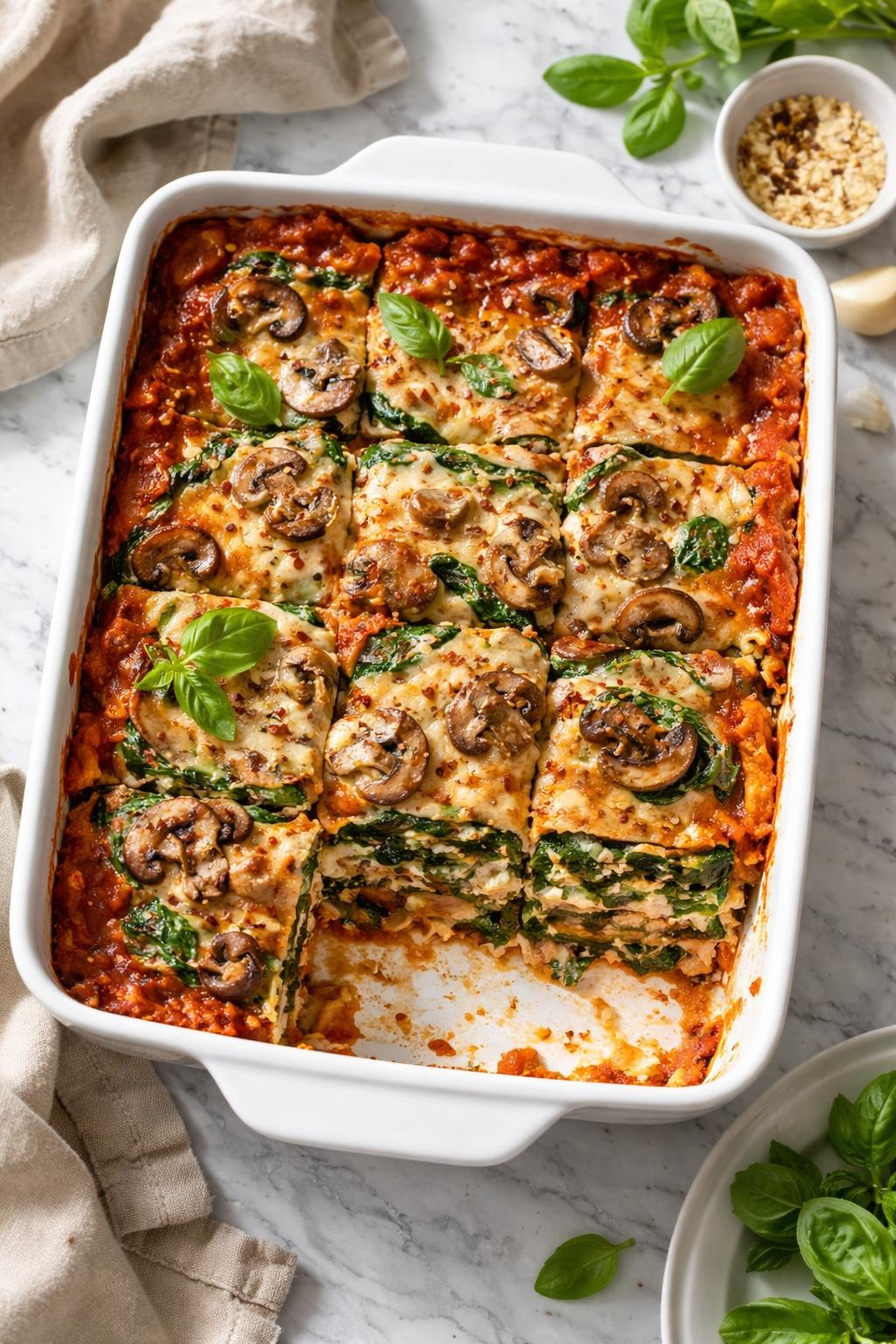 Image Prompt: Top-down realistic food photography of vegan spinach and mushroom lasagna in a white baking dish on a clean white and gray marble countertop, layered lasagna with tomato sauce, mushrooms, spinach, and creamy dairy-free filling, cozy homemade Thanksgiving main dish styling, bright natural daylight, clean editorial composition, high detail, no people, no hands, no text, no watermarks, no props with writing.