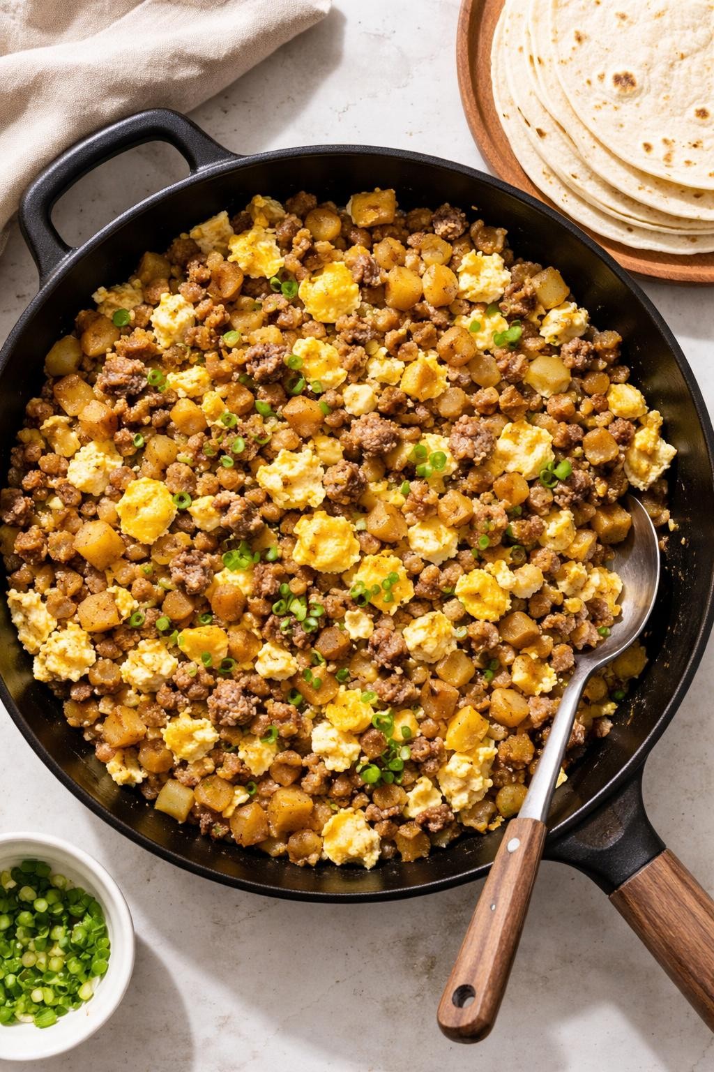 "Overhead realistic photo of a large skillet filled with scrambled eggs, crumbled breakfast sausage, and diced golden potatoes, all mixed together. A stack of flour tortillas next to the skillet. Bright morning light, make-ahead burrito filling, no people, no hands, no text, no watermarks."