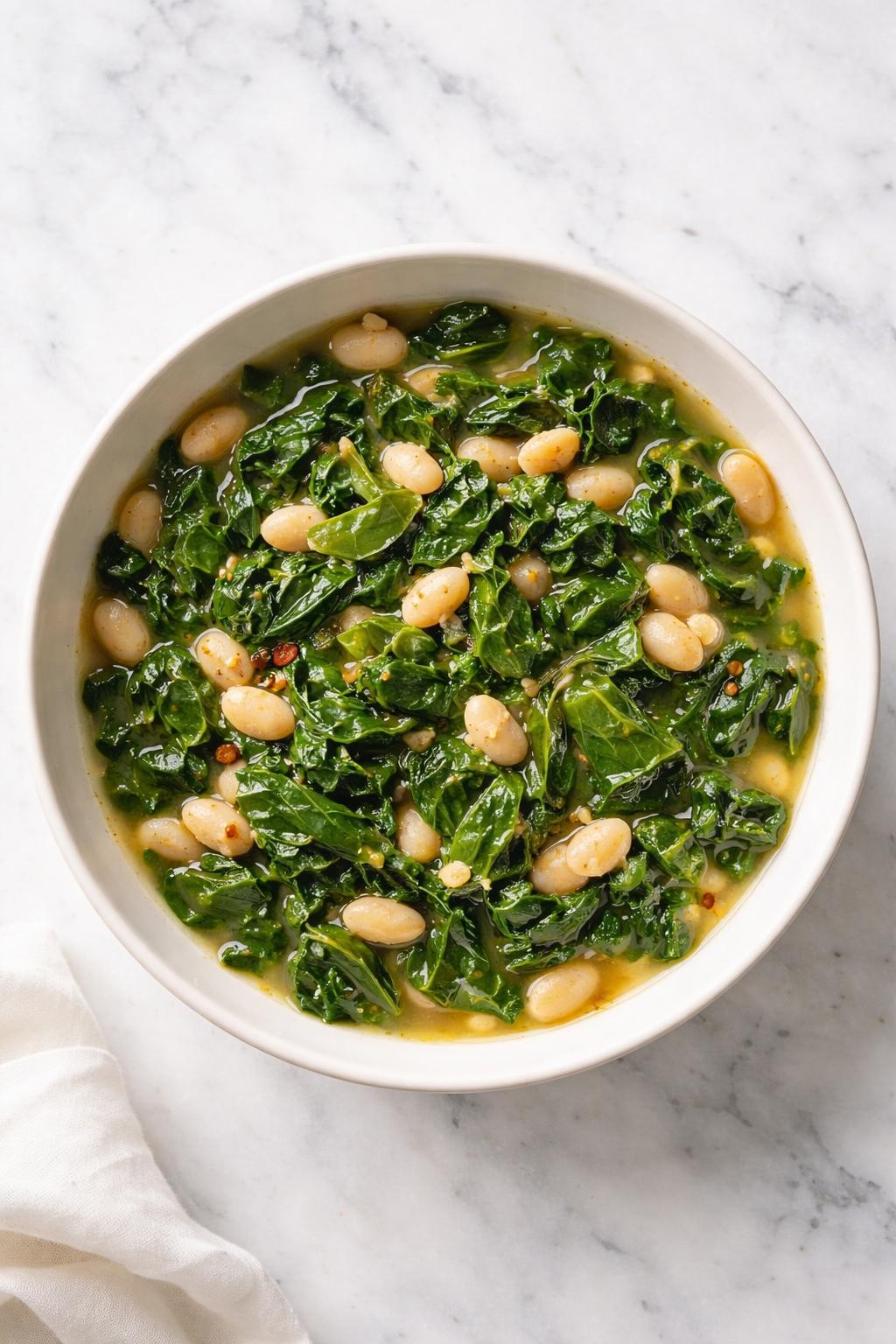 Image Prompt: Top-down realistic editorial food photography of a bowl of garlicky collard greens and white beans on a clean white marble countertop, tender chopped collard greens cooked with creamy white beans in a light savory broth, simple homemade vegan comfort food styling, bright natural window light, soft shadows, clean composition, high detail, realistic food texture, no people, no hands, no text, no watermarks, no props with writing.