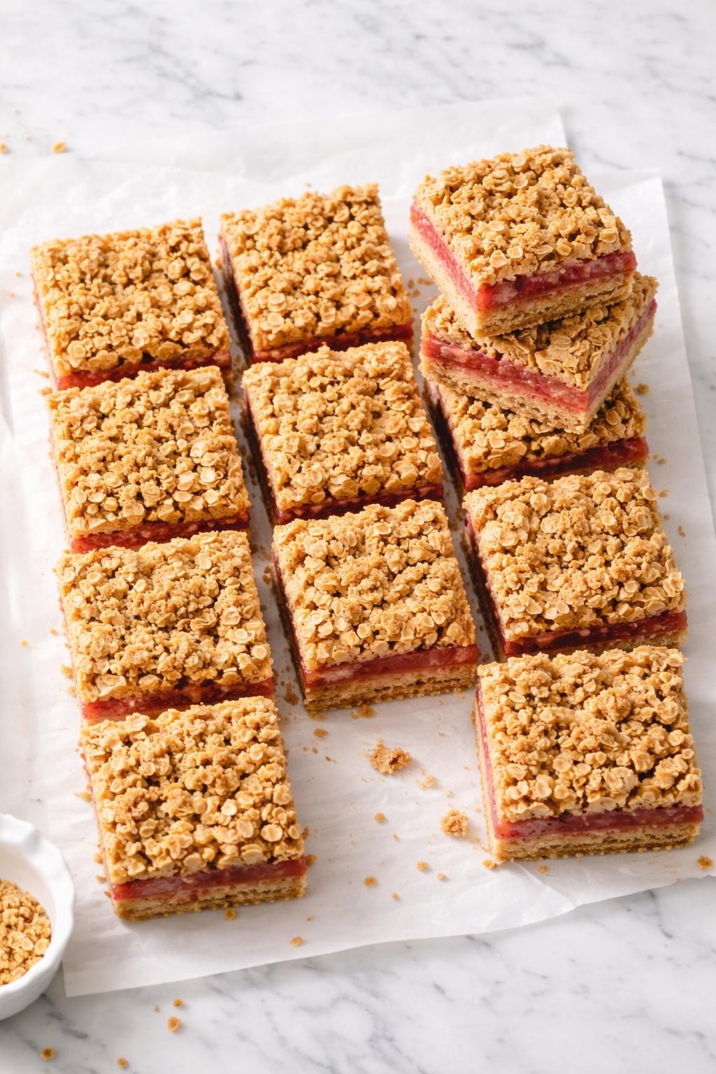 Image Prompt: Top-down realistic editorial food photography of vegan rhubarb oat bars cut into neat squares on a white marble countertop, golden oat base and crumb topping with a bright pink rhubarb layer in the center, a few stacked bars showing the texture, soft natural daylight, cozy homemade snack mood, high detail, clean composition, no people, no hands, no text, no watermarks, no props with writing.