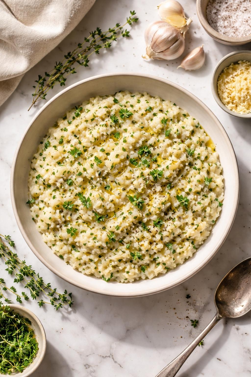 Image Prompt: Top-down realistic editorial food photography of garlic herb vegan risotto in a shallow bowl on a clean white marble countertop, creamy arborio rice flecked with chopped parsley, thyme, and garlic, glossy texture, warm homemade dinner mood, bright natural light, soft shadows, high detail, no people, no hands, no text, no watermarks, no props with writing.