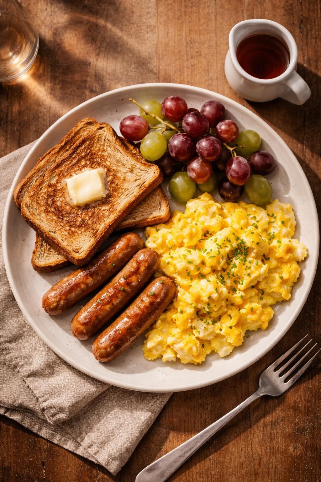 Photo prompt: Realistic top-down editorial food photography of a large plate with scrambled eggs, turkey sausage links, whole-grain toast, and a handful of grapes. A small pitcher of maple syrup. Warm natural light, cozy breakfast-for-dinner mood, no people, no hands, no text, no watermarks, no props with writing.