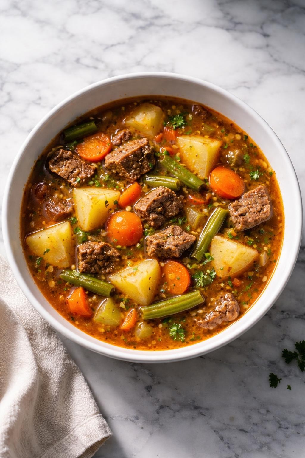 Image Prompt: Top-down realistic editorial food photography of rustic vegetable beef soup with potatoes in a deep white bowl on a clean white and gray marble countertop, chunky broth with tender beef pieces, large potato cubes, carrots, celery, and green beans, cozy homemade dinner mood, bright natural window lighting, soft shadows, high detail, no people, no hands, no text, no watermarks, no props with writing.