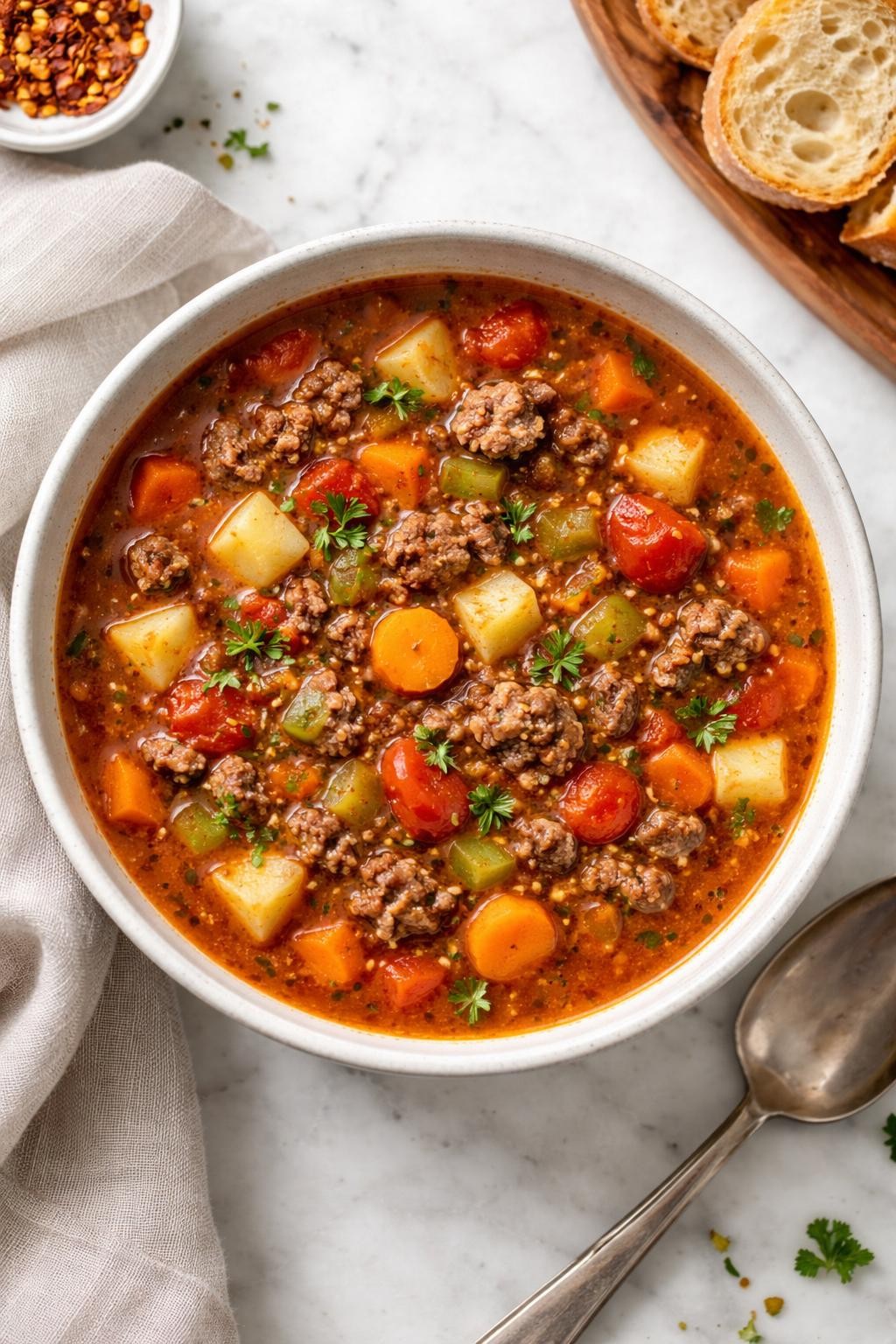 Image Prompt: Realistic top-down editorial food photography of old-fashioned hamburger soup in a neutral ceramic bowl on a white marble countertop, savory tomato broth with browned ground beef, carrots, potatoes, celery, and herbs, cozy homemade comfort food styling, bright natural light, soft shadows, clean composition, no people, no hands, no text, no watermarks, no props with writing.