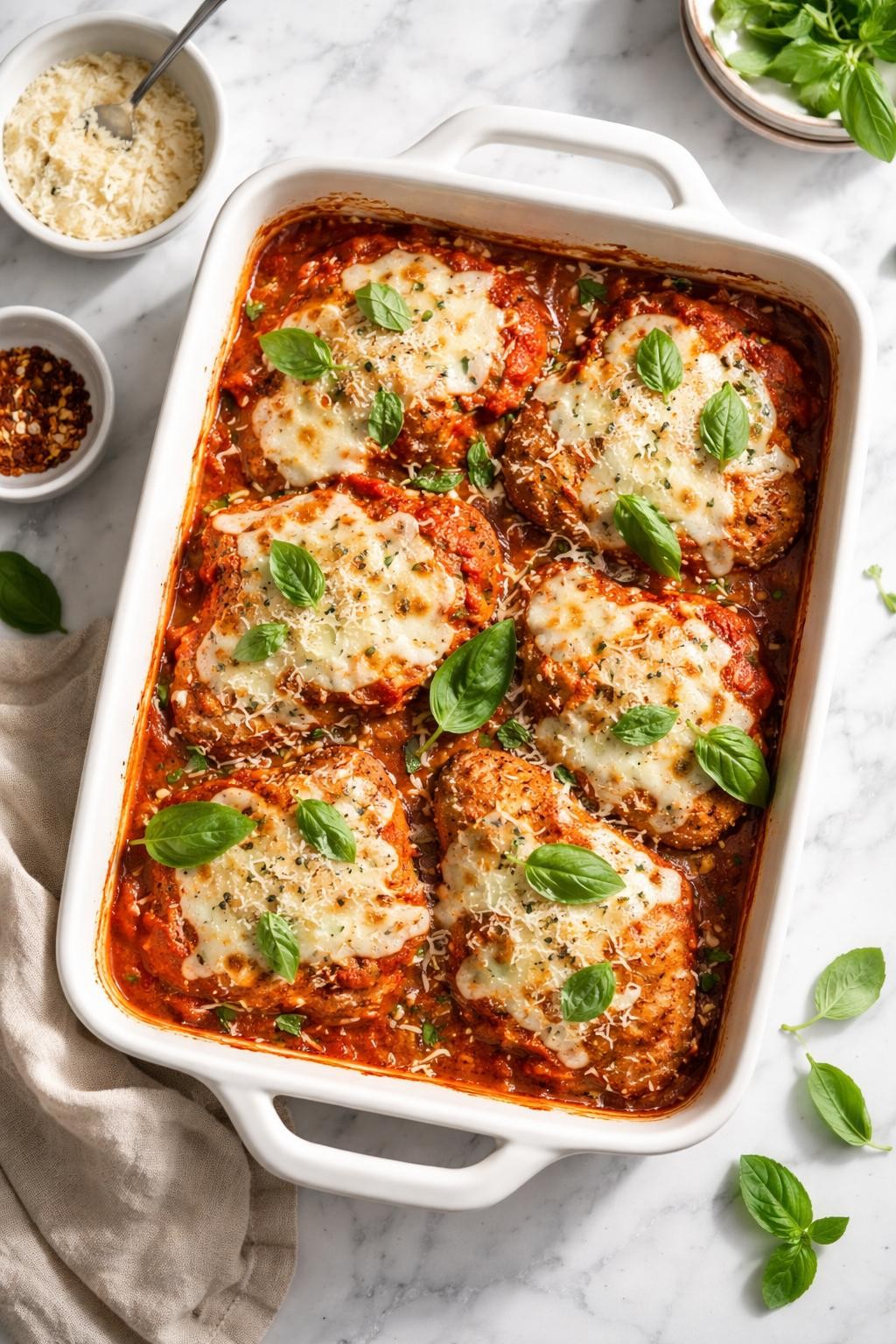 Image Prompt: Top-down realistic editorial food photography of Italian chicken parmesan bake on a clean white marble countertop, baked chicken cutlets topped with marinara sauce and melted mozzarella, finished with parmesan and basil in a baking dish, warm cozy homemade dinner mood, bright natural daylight, soft shadows, high detail, no people, no hands, no text, no watermarks, no props with writing.
