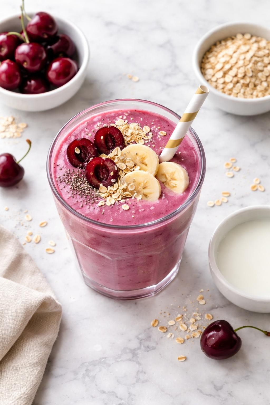 Realistic top-down editorial food photography of a cherry oat breakfast smoothie in a clear glass on a clean white and gray marble countertop. The smoothie is deep pink-purple, thick, creamy, and smooth, styled with rolled oats, pitted cherries, banana slices, chia seeds, and a small plain bowl of milk nearby. Natural window lighting, clean breakfast smoothie styling, realistic thick texture, high detail, no people, no hands, no text, no watermarks, no props with writing.
