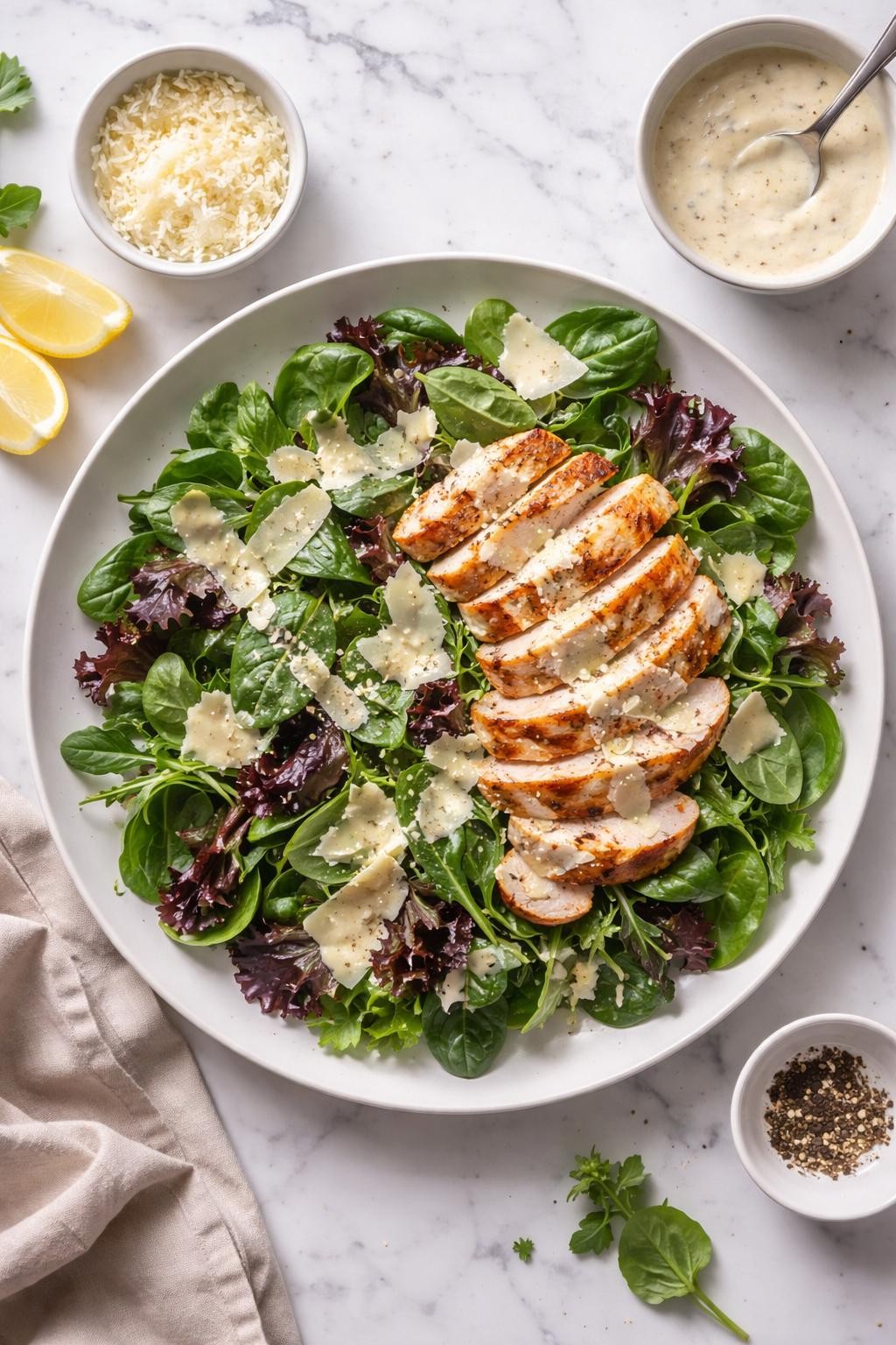 Image Prompt: Realistic top-down editorial food photography of a spring mix Caesar salad with chicken on a white marble countertop, filled with spring mix greens, sliced grilled chicken, shaved parmesan, Caesar dressing, and cracked black pepper, easy hearty homemade lunch styling, soft natural daylight, clean editorial composition, high detail, realistic texture, no people, no hands, no text, no watermarks, no props with writing.