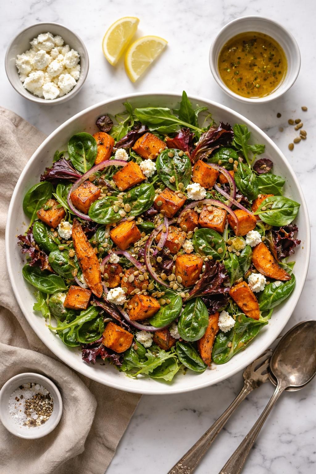 Image Prompt: Realistic top-down editorial food photography of a spring mix salad with roasted vegetables on a white marble countertop, filled with spring mix greens, roasted sweet potatoes, roasted carrots, red onion, goat cheese, and vinaigrette, cozy homemade everyday dinner styling, soft natural daylight, clean editorial composition, high detail, realistic texture, no people, no hands, no text, no watermarks, no props with writing.