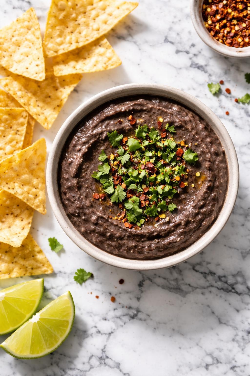 Image Prompt: Top-down realistic editorial food photography of spicy vegan black bean dip in a small bowl on a clean white and gray marble countertop, smooth dark bean dip topped with chopped cilantro and red pepper flakes, tortilla chips placed nearby, casual homemade snack styling, bright natural light, soft shadows, high detail, no people, no hands, no text, no watermarks, no props with writing.