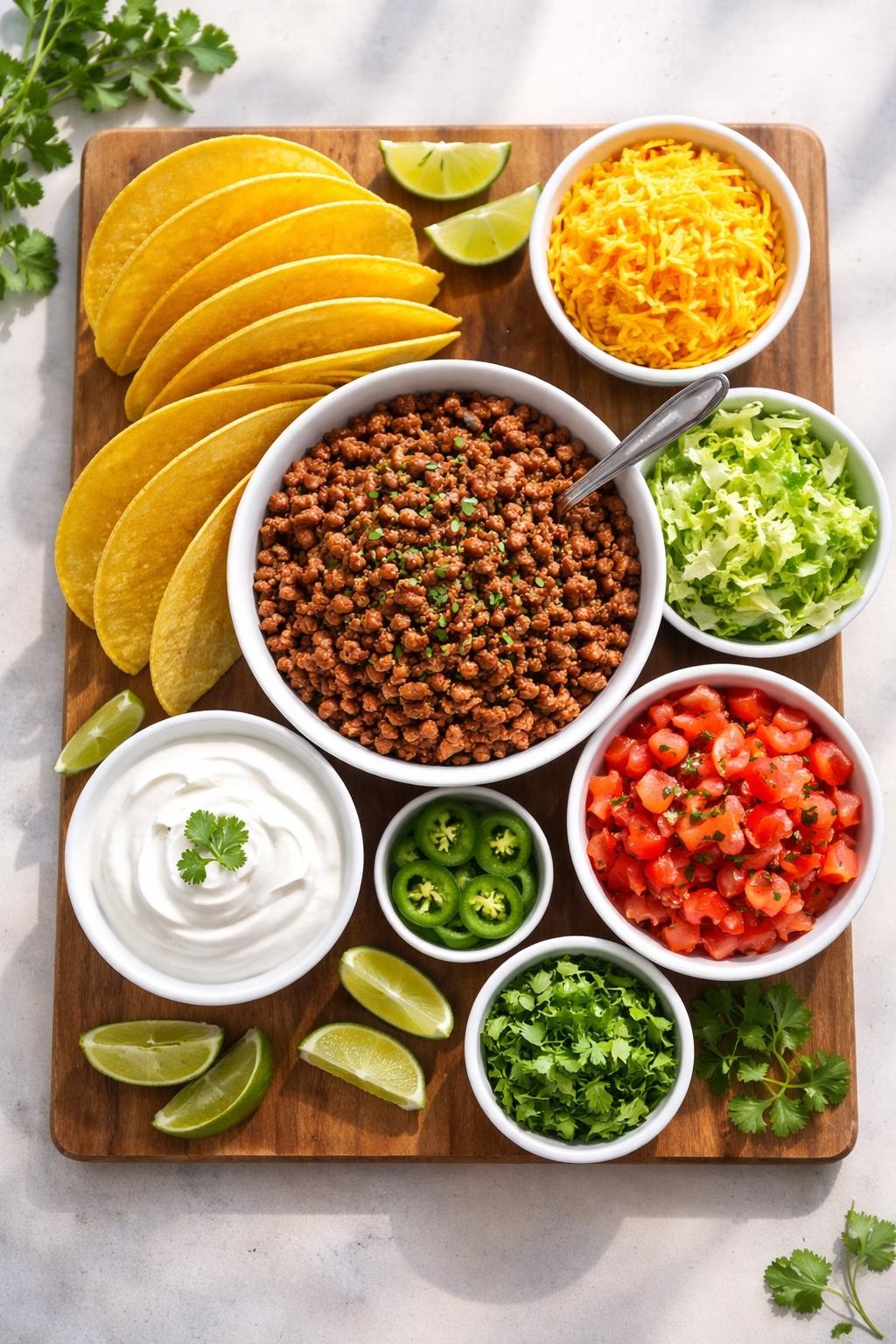 "Top-down realistic shot of a serving board with hard taco shells, seasoned ground beef, shredded cheese, shredded lettuce, diced tomatoes, and a bowl of sour cream. Bright natural light, interactive kid-friendly dinner, no people, no hands, no text, no watermarks."
