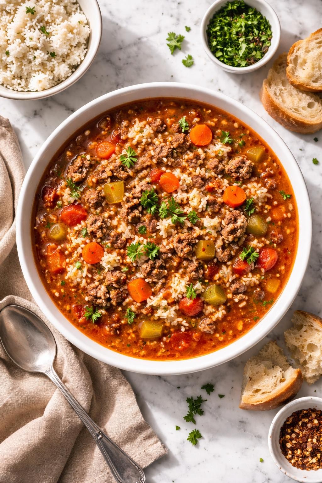 Image Prompt: Realistic top-down editorial food photography of hamburger soup with rice on a white marble countertop, rich tomato-based broth with browned ground beef, fluffy rice, carrots, celery, and chopped parsley, cozy family dinner styling, bright natural light, soft shadows, no people, no hands, no text, no watermarks, no props with writing.