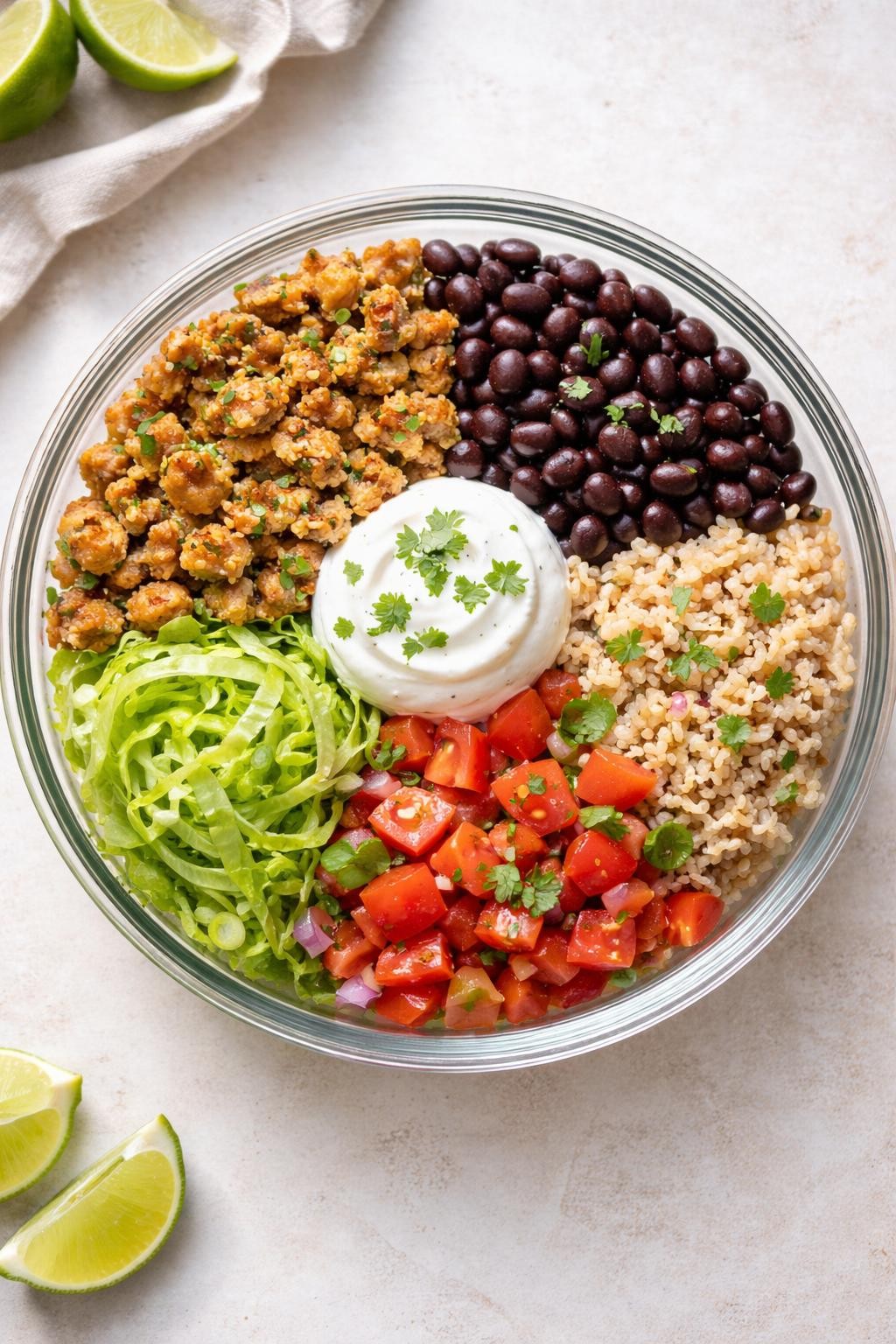 "Top-down realistic shot of a glass meal prep bowl with sections: seasoned ground turkey, black beans, brown rice, shredded lettuce, diced tomatoes, and a dollop of Greek yogurt (instead of sour cream). Bright natural light, colorful and filling high-protein bowl, no people, no hands, no text, no watermarks."
