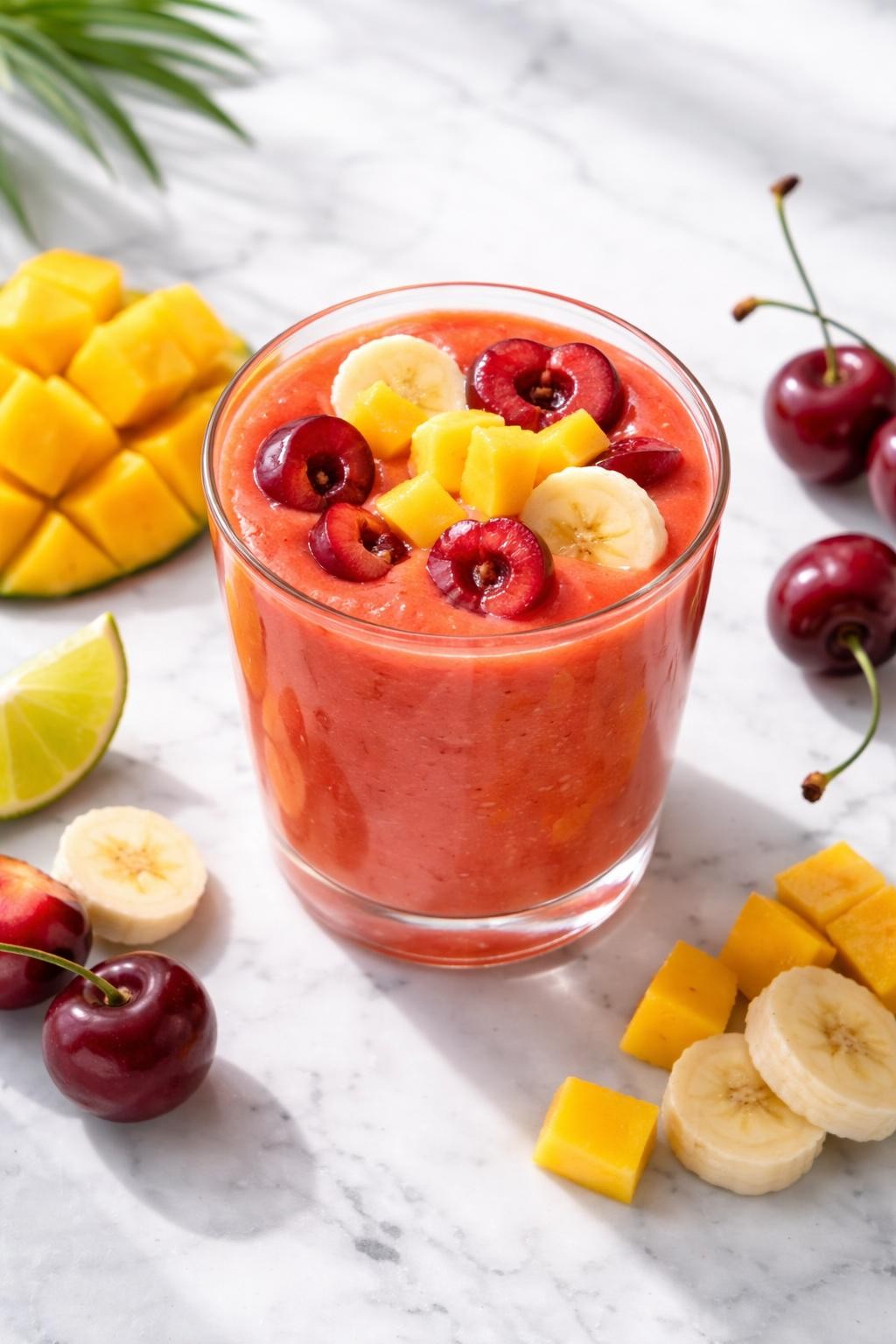 Realistic top-down food photography of a cherry mango smoothie served in a clear glass on a clean white marble countertop. The smoothie is bright coral-red, smooth, thick, and cold-looking, styled with pitted cherries, mango cubes, banana rounds, and a small lime wedge nearby. Bright natural window lighting, clean tropical fruit smoothie styling, realistic texture, high detail, no people, no hands, no text, no watermarks, no props with writing.