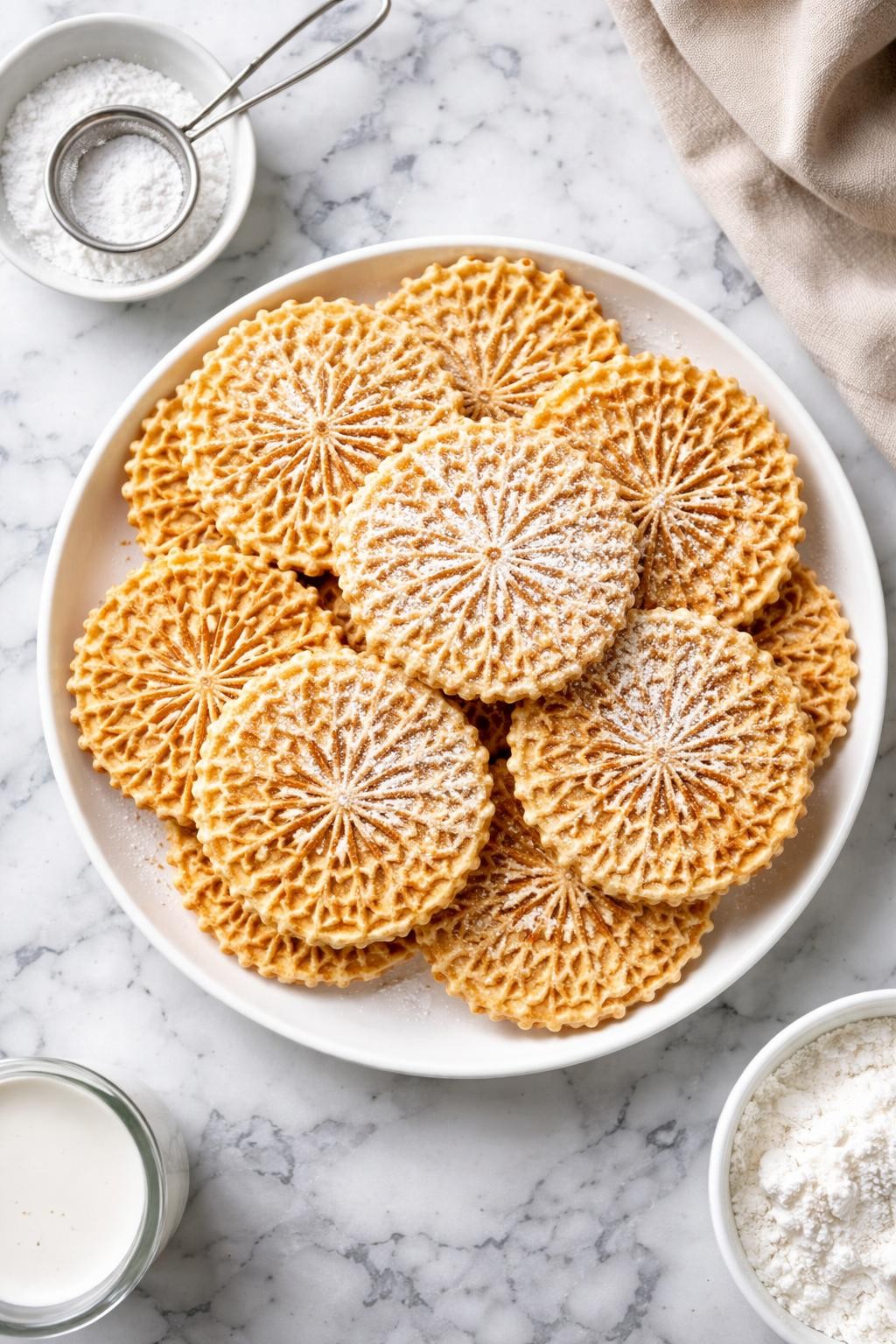 An overheard picture view of a plate of Pizzelle sitting on a marble countertop table in the kitchen, professional food photography style.