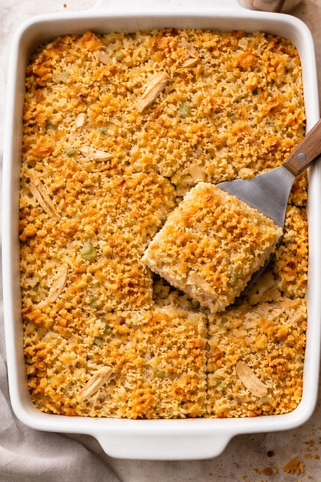 "Top-down realistic photo of a 9x13-inch baking dish filled with chicken and rice casserole, showing shredded chicken, rice, cream of chicken soup, and a buttery cracker crumb topping. A spatula lifting a square out of the dish. Warm oven light, classic budget casserole, no people, no hands, no text, no watermarks."