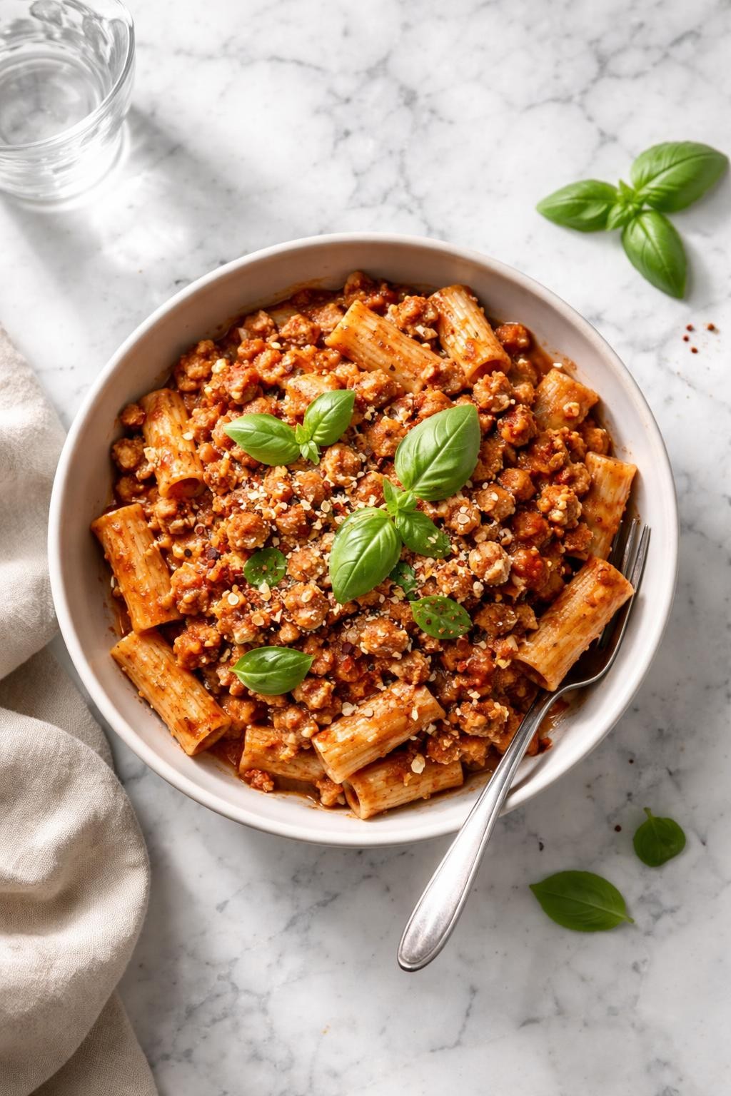 Image Prompt: Top-down realistic editorial food photography of a bowl of homemade vegan tempeh pasta on a clean white and gray marble countertop, tender pasta tossed with browned tempeh crumbles, tomato sauce, garlic, and herbs, topped with fresh basil, cozy homemade dinner mood, bright natural window lighting, soft shadows, high detail, no people, no hands, no text, no watermarks, no props with writing.