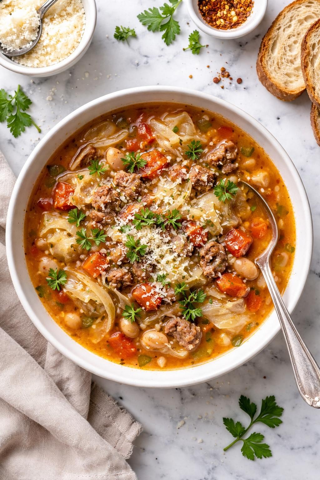 An overheard picture view of a plate of Italian Sausage and Cabbage Soup sitting on a marble countertop table in the kitchen, professional food photography style.