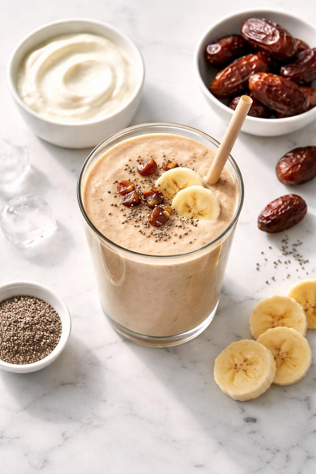 Realistic top-down editorial food photography of a date Greek yogurt smoothie served in a clear glass on a clean white marble countertop. The smoothie is pale caramel beige, thick, creamy, and smooth, styled with Greek yogurt in a plain bowl, pitted dates, banana slices, chia seeds, and a few ice cubes nearby. Soft natural daylight, clean breakfast smoothie styling, high detail, realistic creamy texture, no people, no hands, no text, no watermarks, no props with writing.