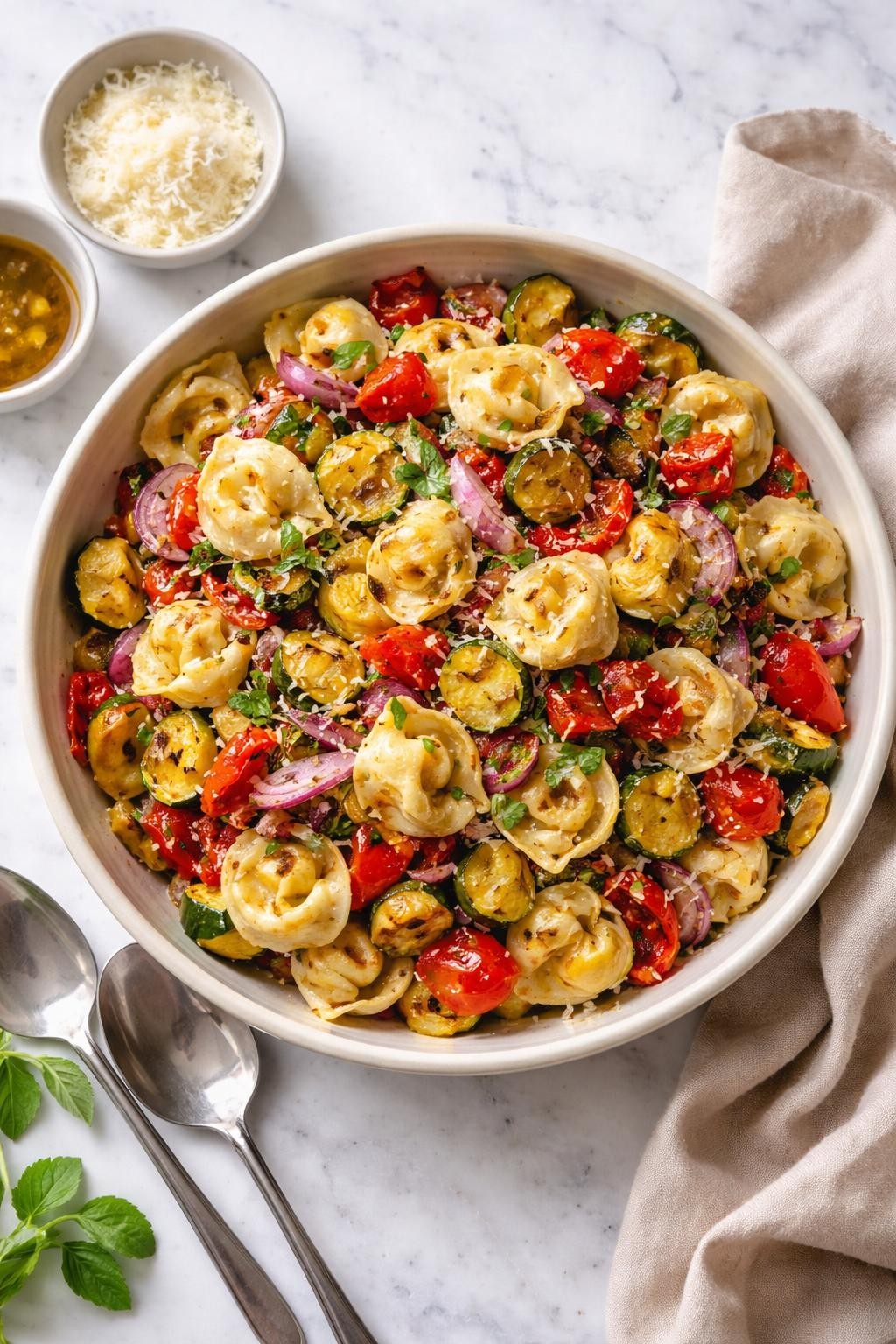 Image Prompt: Realistic top-down editorial food photography of roasted vegetable tortellini pasta salad in a large serving bowl on a clean marble countertop, cheese tortellini tossed with roasted zucchini, red peppers, red onion, parmesan, and light vinaigrette, cozy homemade styling, bright natural window lighting, soft shadows, no people, no hands, no text, no watermarks, no props with writing.