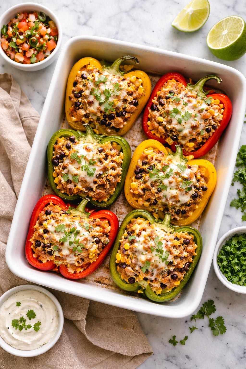 Image Prompt: Realistic top-down editorial food photography of Mexican turkey stuffed peppers on a clean white and gray marble countertop, halved bell peppers filled with lean ground turkey, black beans, rice, salsa, and melted cheese, warm natural daylight, hearty homemade dinner mood, no people, no hands, no text, no watermarks, no props with writing.