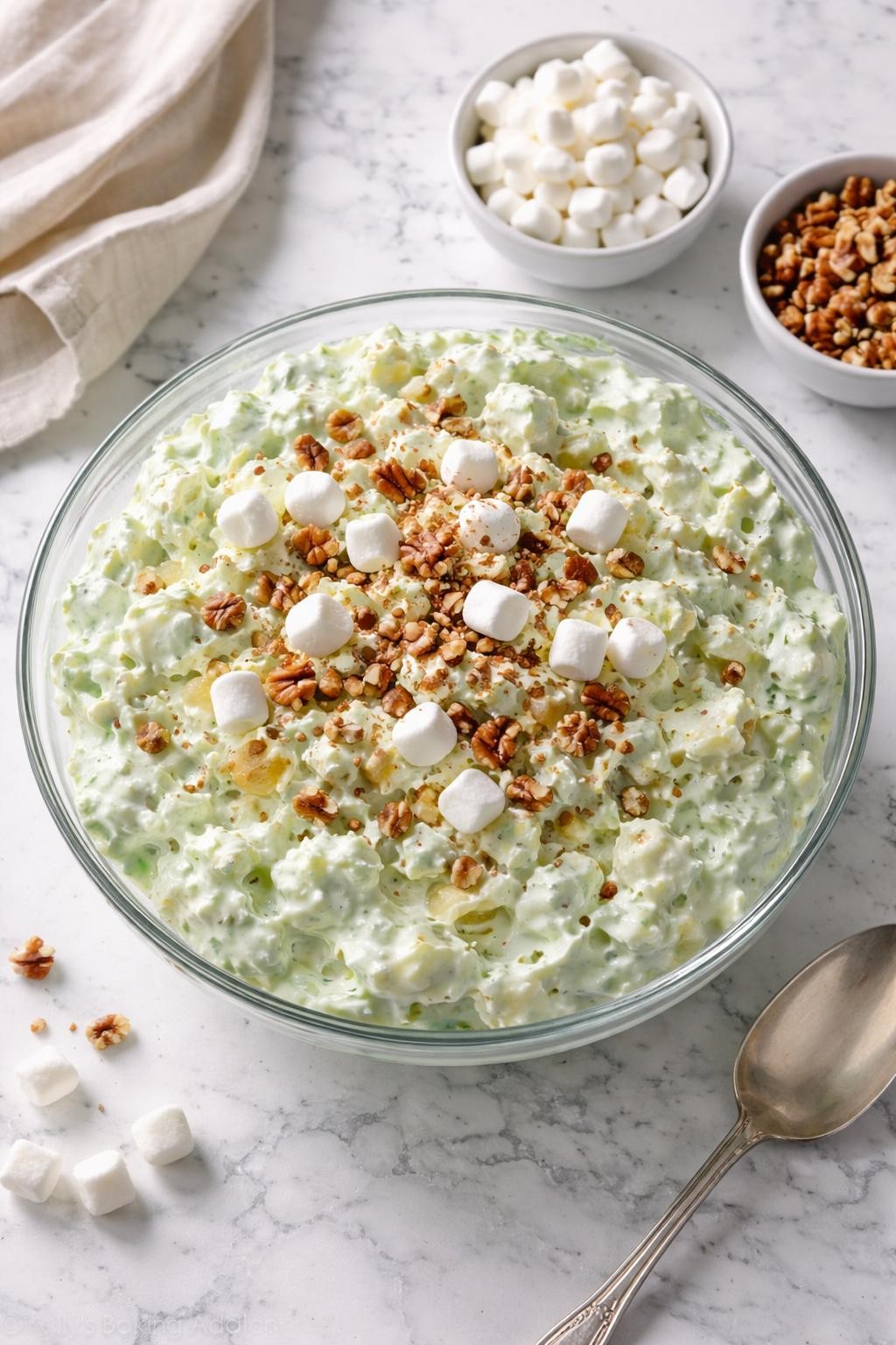 Image Prompt: Realistic top-down editorial food photography of Watergate salad in a clear bowl on a clean white and gray marble countertop, pale green pistachio fluff salad with crushed pineapple, mini marshmallows, pecans, and whipped topping, retro potluck dessert styling, bright natural window light, soft shadows, clean composition, high detail, realistic texture, no people, no hands, no text, no watermarks, no props with writing.