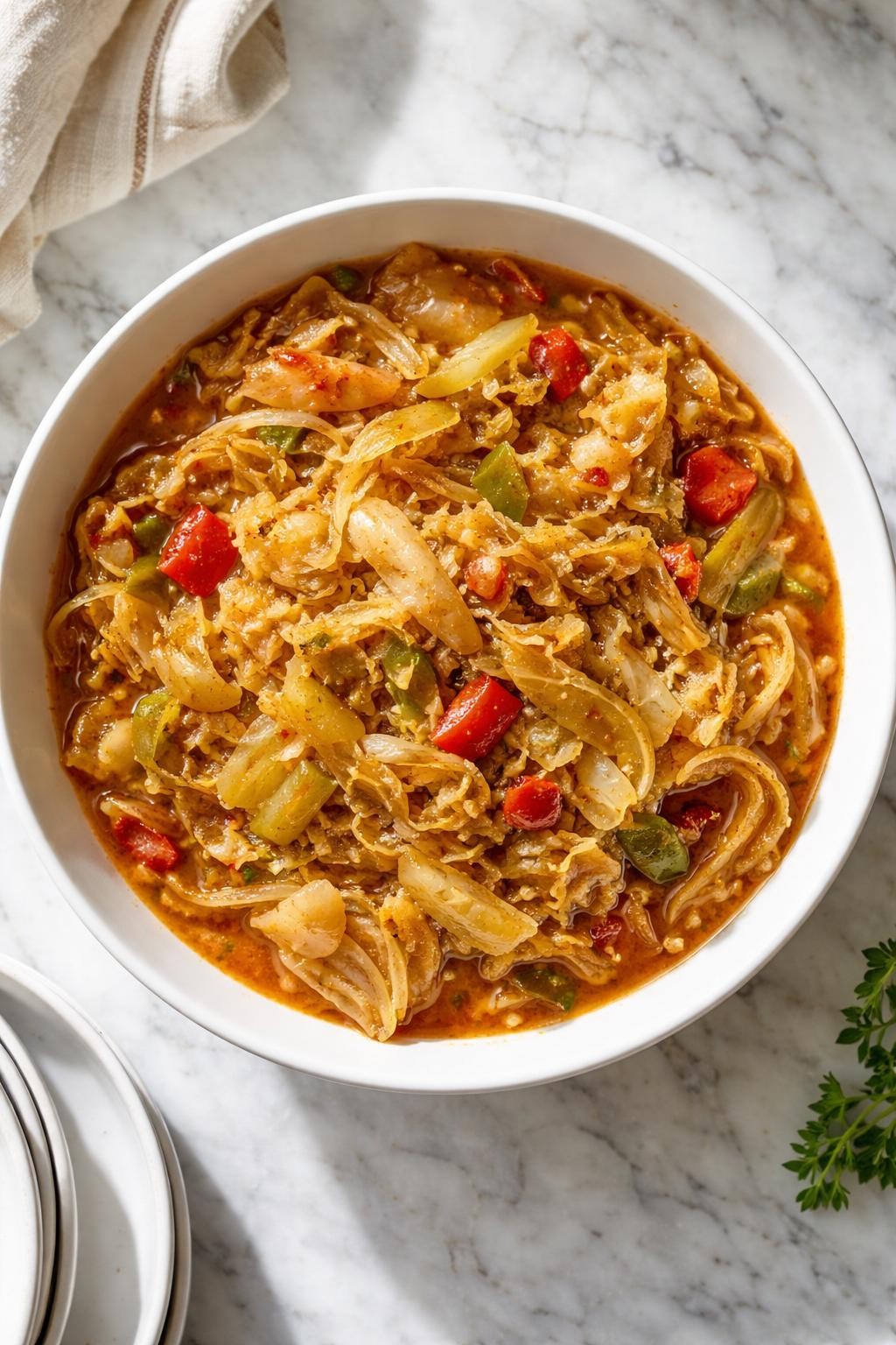Image Prompt: Top-down realistic editorial food photography of vegan smothered cabbage in a white serving bowl on a clean marble countertop, tender cabbage cooked down with onions, garlic, and peppers, warm natural daylight, cozy soul food side dish mood, no people, no hands, no text, no watermarks, no props with writing.
