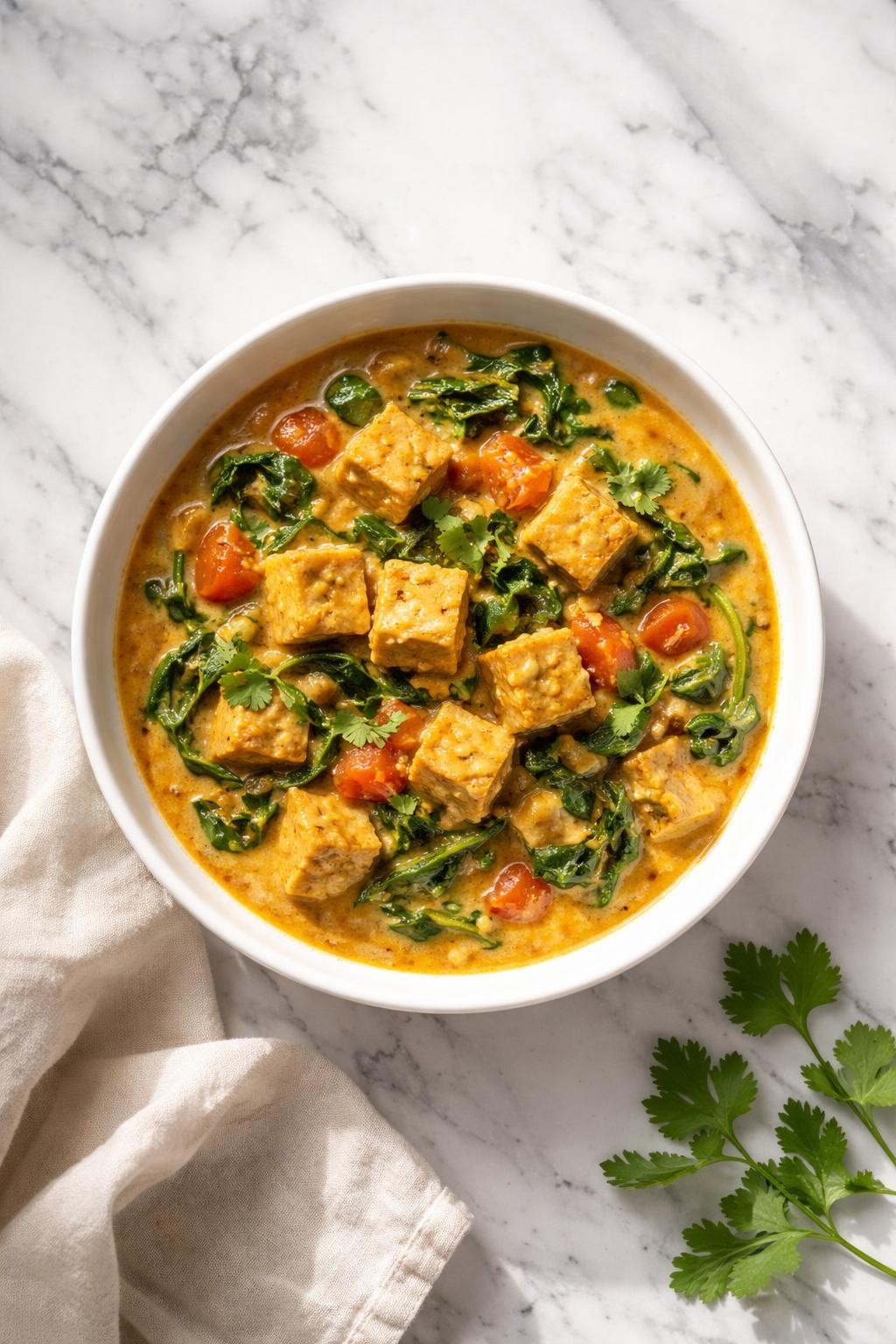 Image Prompt: Top-down realistic editorial food photography of a bowl of homemade vegan tempeh curry on a clean white and gray marble countertop, tender tempeh cubes simmered in a creamy golden curry sauce with spinach and tomatoes, cozy homemade dinner mood, bright natural window lighting, soft shadows, high detail, no people, no hands, no text, no watermarks, no props with writing.