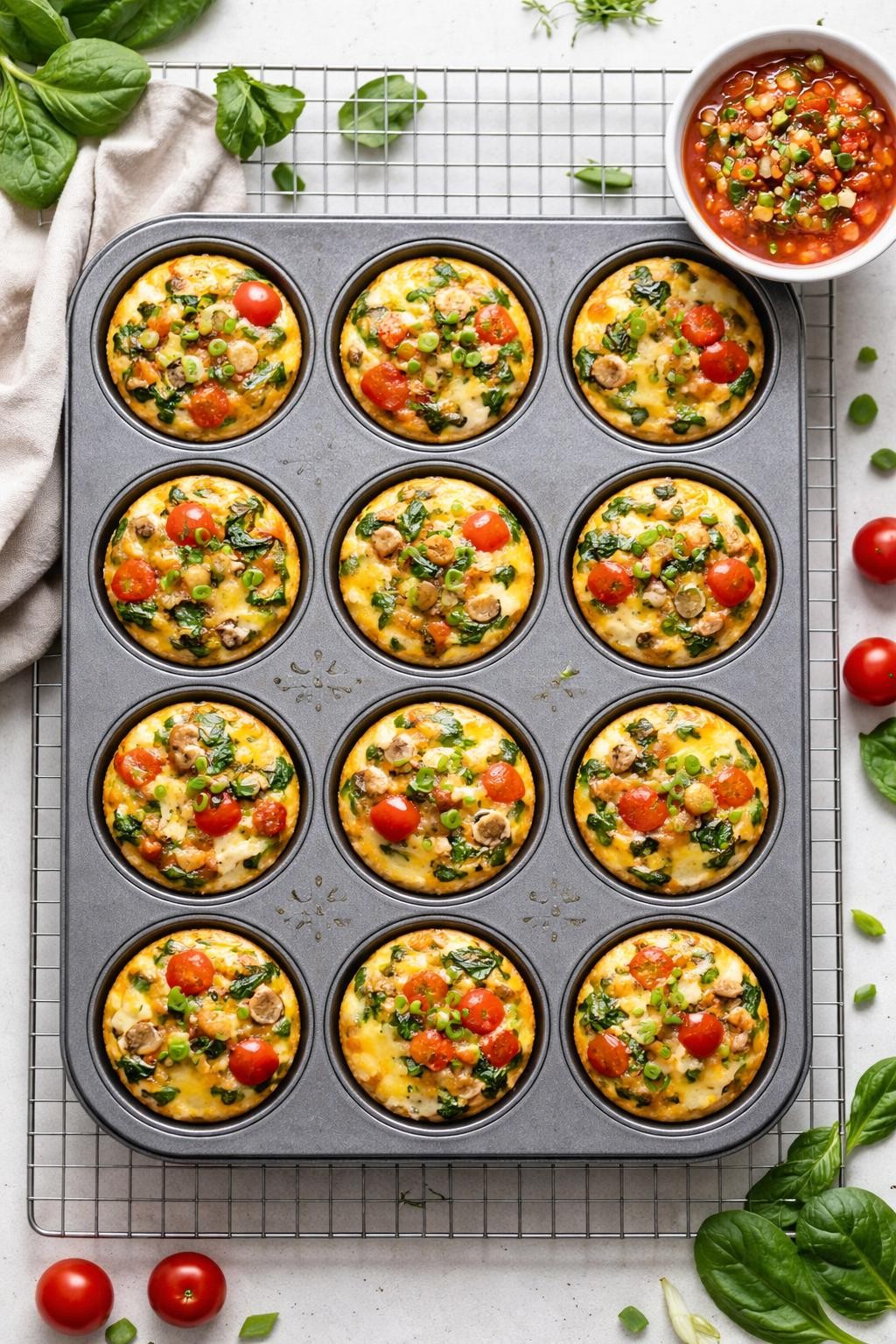 "Realistic top-down food photography of a muffin tin on a cooling rack. The tin holds 12 egg muffins filled with diced bell peppers, spinach, mushrooms, and cherry tomatoes. The tops are golden and slightly puffed. A small bowl of salsa on the side. Bright natural light, grab-and-go healthy breakfast prep, no people, no hands, no text, no watermarks."