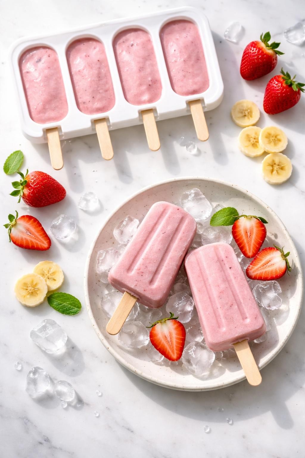 "Overhead realistic photo of four popsicle molds filled with pink smoothie mixture (strawberry banana), sticks inserted. Two popsicles unmolded on a plate. Bright natural light, healthy frozen treat, no people, no hands, no text, no watermarks."