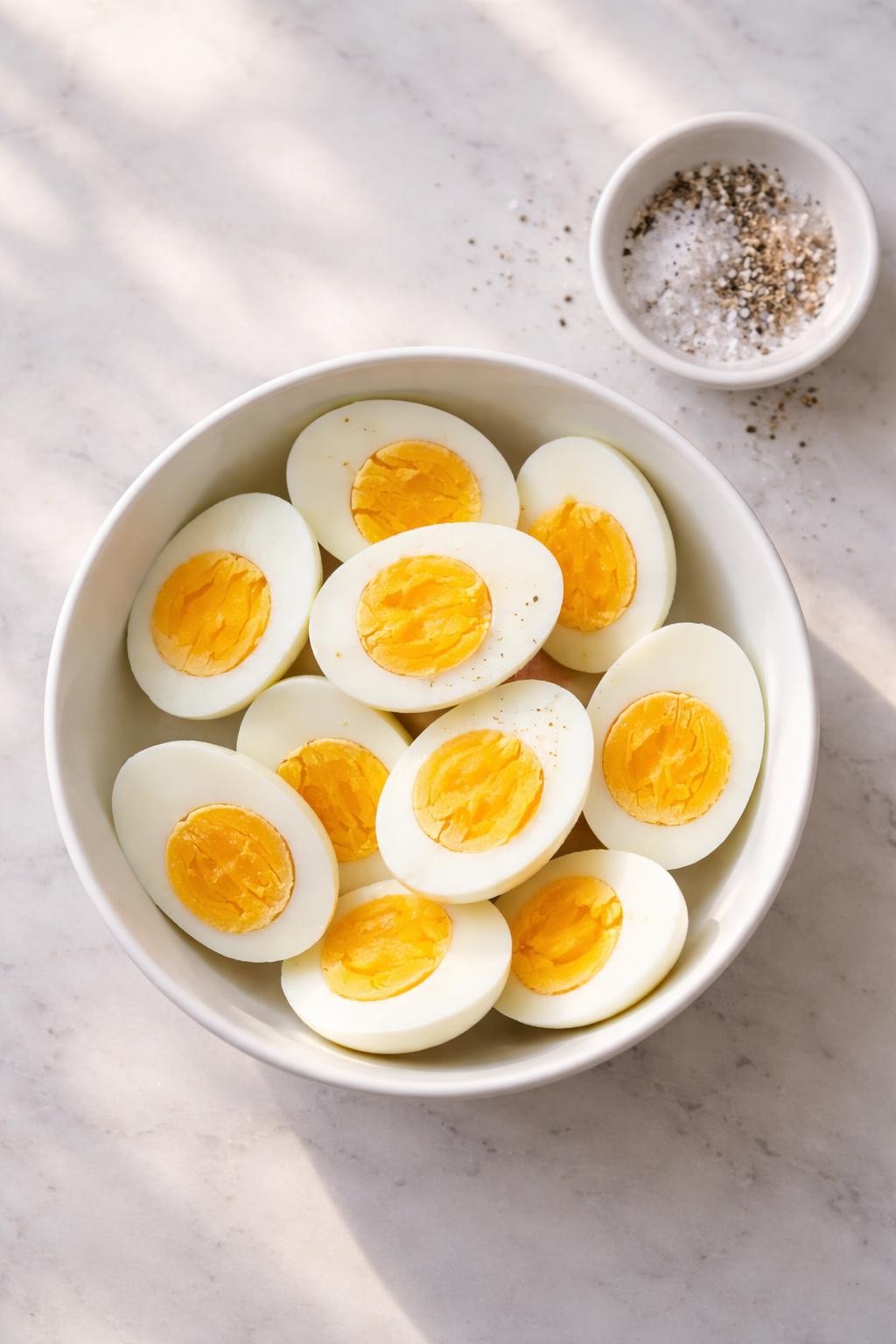 "Top-down realistic shot of a bowl of peeled hard-boiled eggs on a white plate, showing smooth whites and bright yellow yolks. A small bowl of salt and pepper next to it. Soft morning light, simple protein prep, no people, no hands, no text, no watermarks."