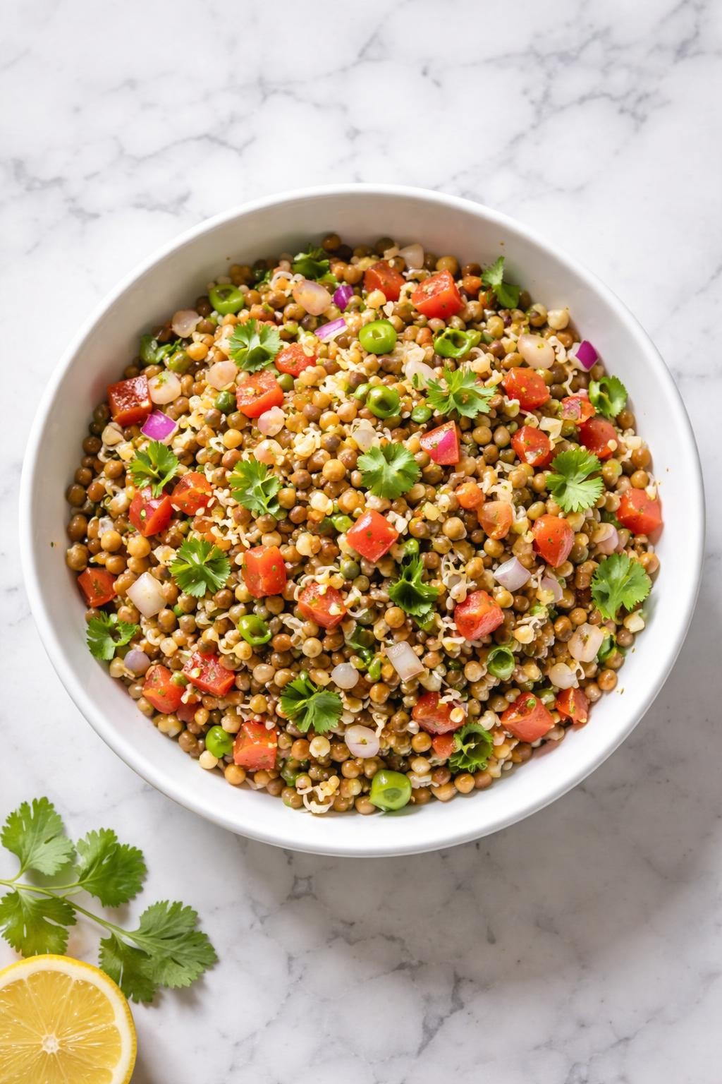 Image Prompt: Top-down realistic editorial food photography of Indian sprout salad in a simple white bowl on a bright white and gray marble countertop, mixed sprouts tossed with onion, tomato, cilantro, lemon juice, and green chili, fresh homemade Indian salad styling, bright natural window light, soft shadows, high detail, no people, no hands, no text, no watermarks, no props with writing.