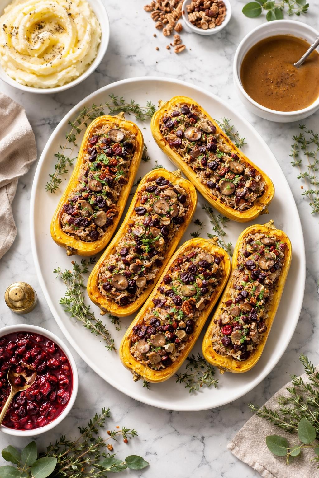 Image Prompt: Top-down realistic editorial food photography of wild rice stuffed delicata squash on a clean white and gray marble countertop, roasted delicata squash halves filled with wild rice, mushrooms, cranberries, and herbs, festive homemade Thanksgiving dinner styling, bright natural window lighting, soft shadows, high detail, no people, no hands, no text, no watermarks, no props with writing.
